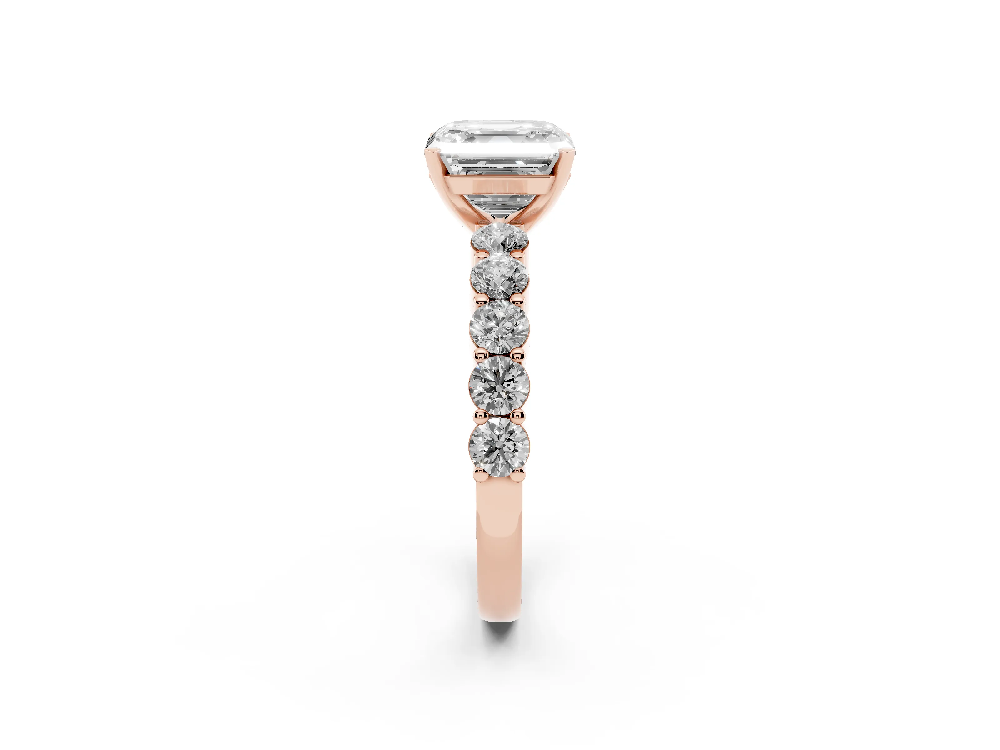 Asscher Cut Diamond Solitaire Ring Set in Rose gold with Shared Prong Round Side Stones