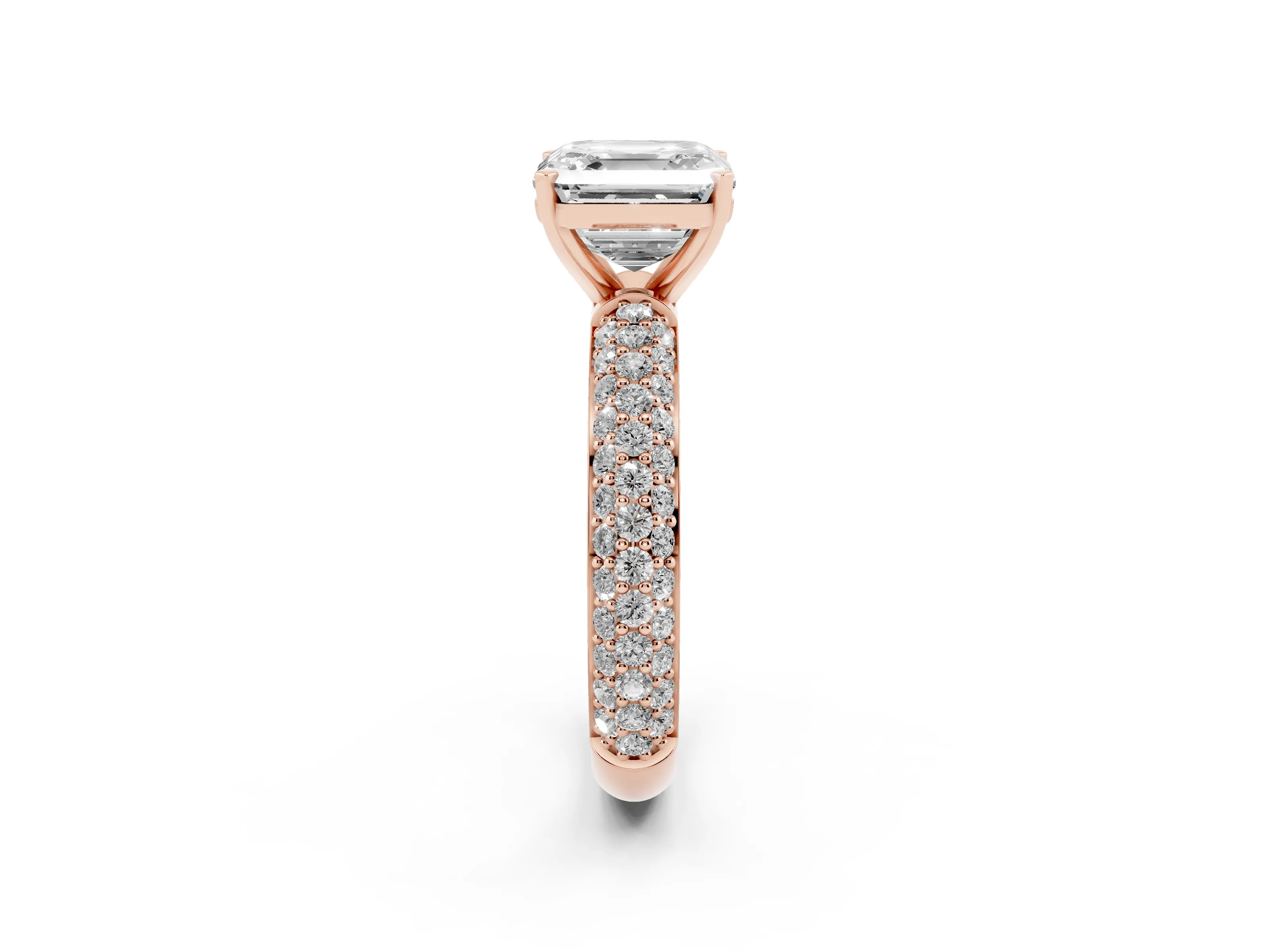 Asscher Cut Diamond Solitaire Ring Set in Rose gold with Prong Setting and Pavé-Set Band