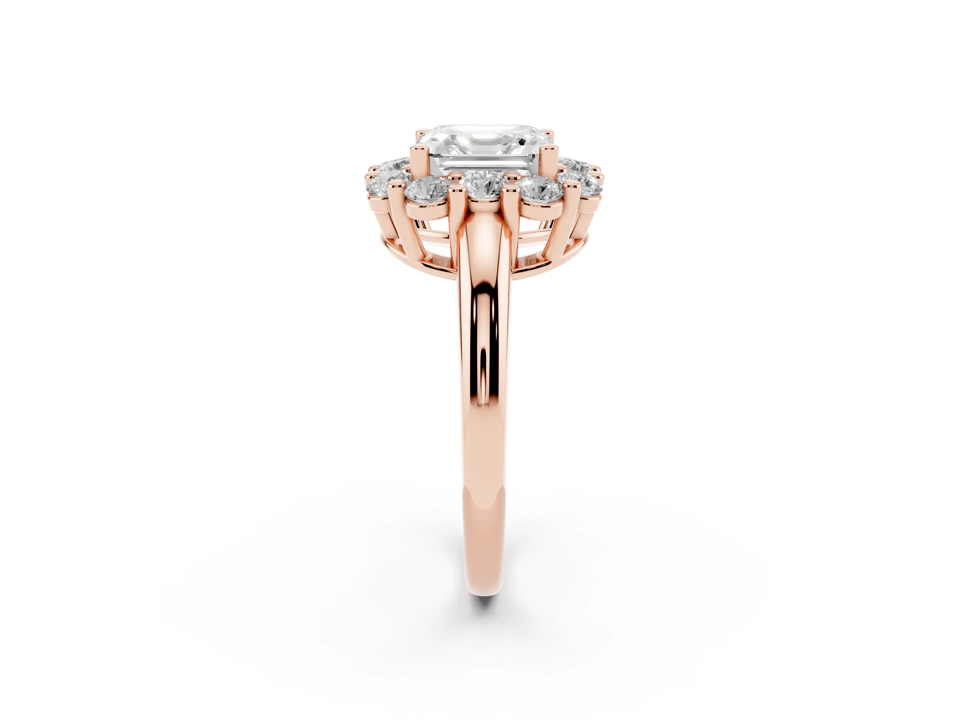Asscher Cut Diamond Halo Cluster Engagement Ring Set in Rose gold with Polished Band and Prong Setting