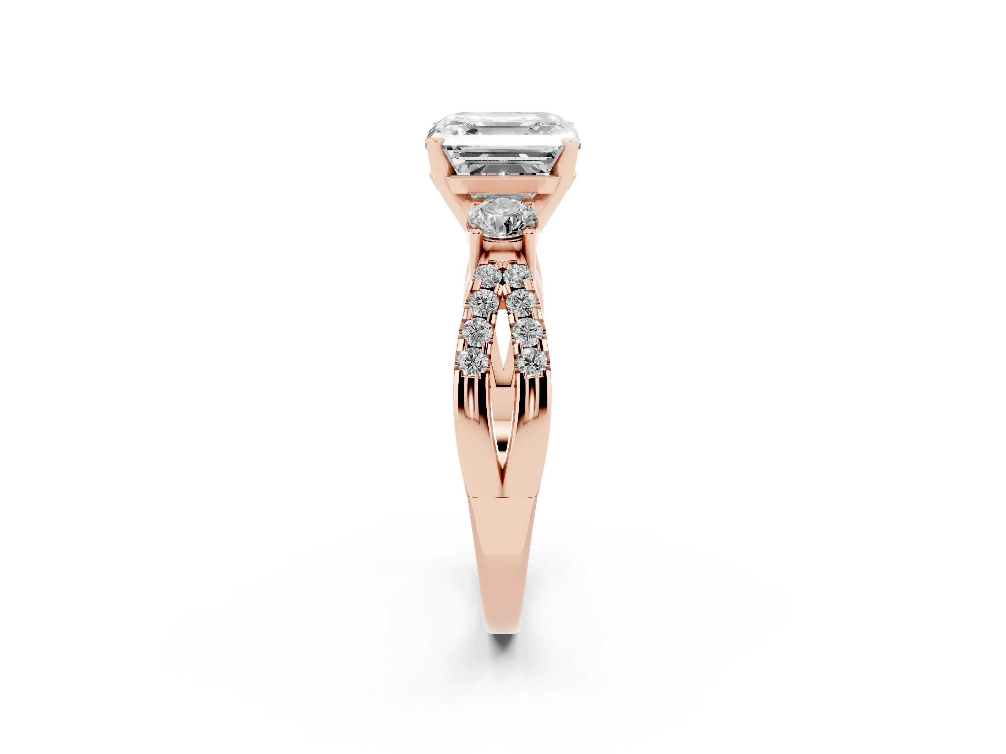 Asscher Cut Diamond Three-Stone Ring Set in Rose gold with Pavé Split Shank and Prong Setting