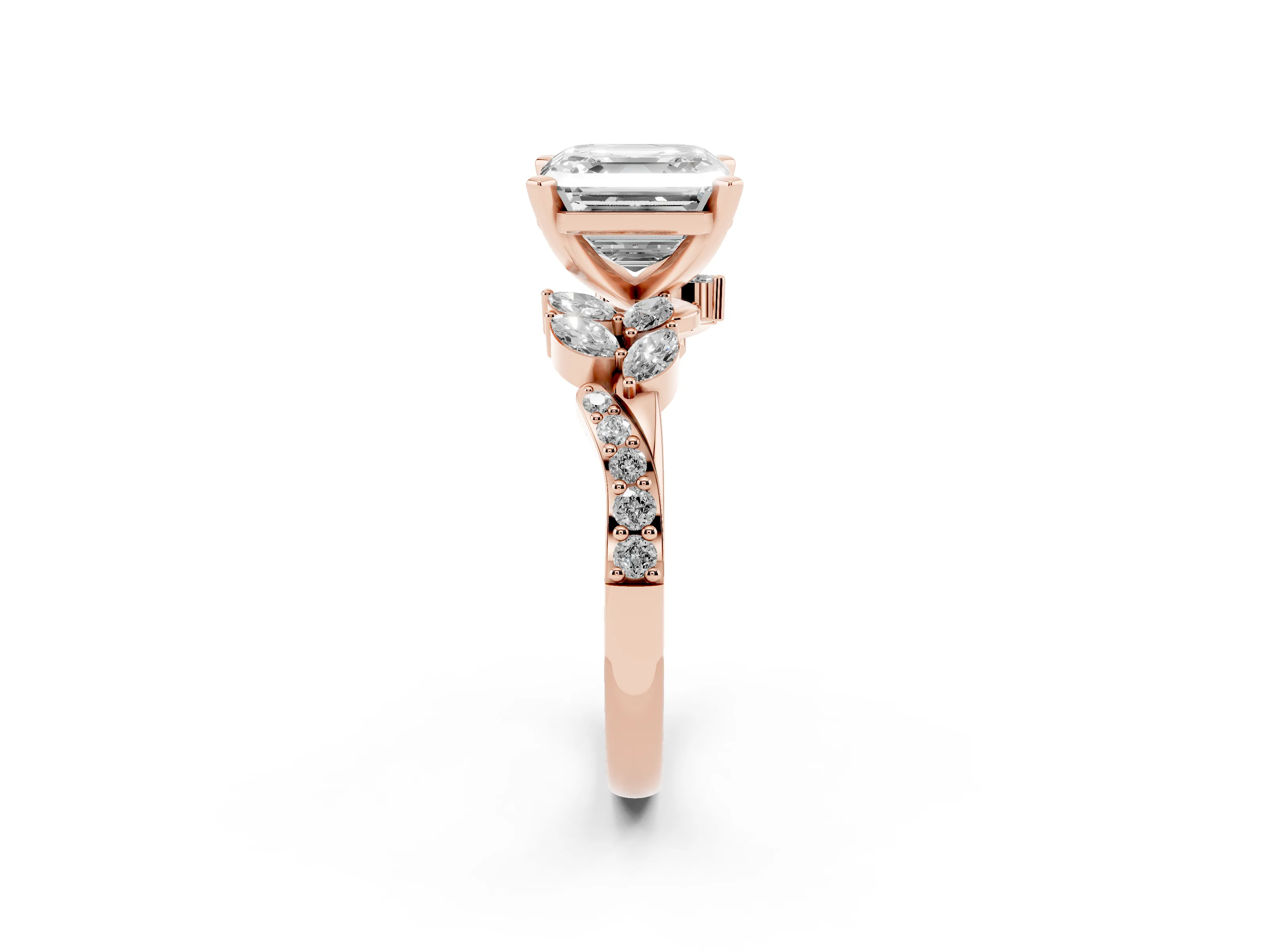 Asscher Cut Diamond Solitaire Ring Set in Rose gold with Marquise Twist Band and Prong Setting