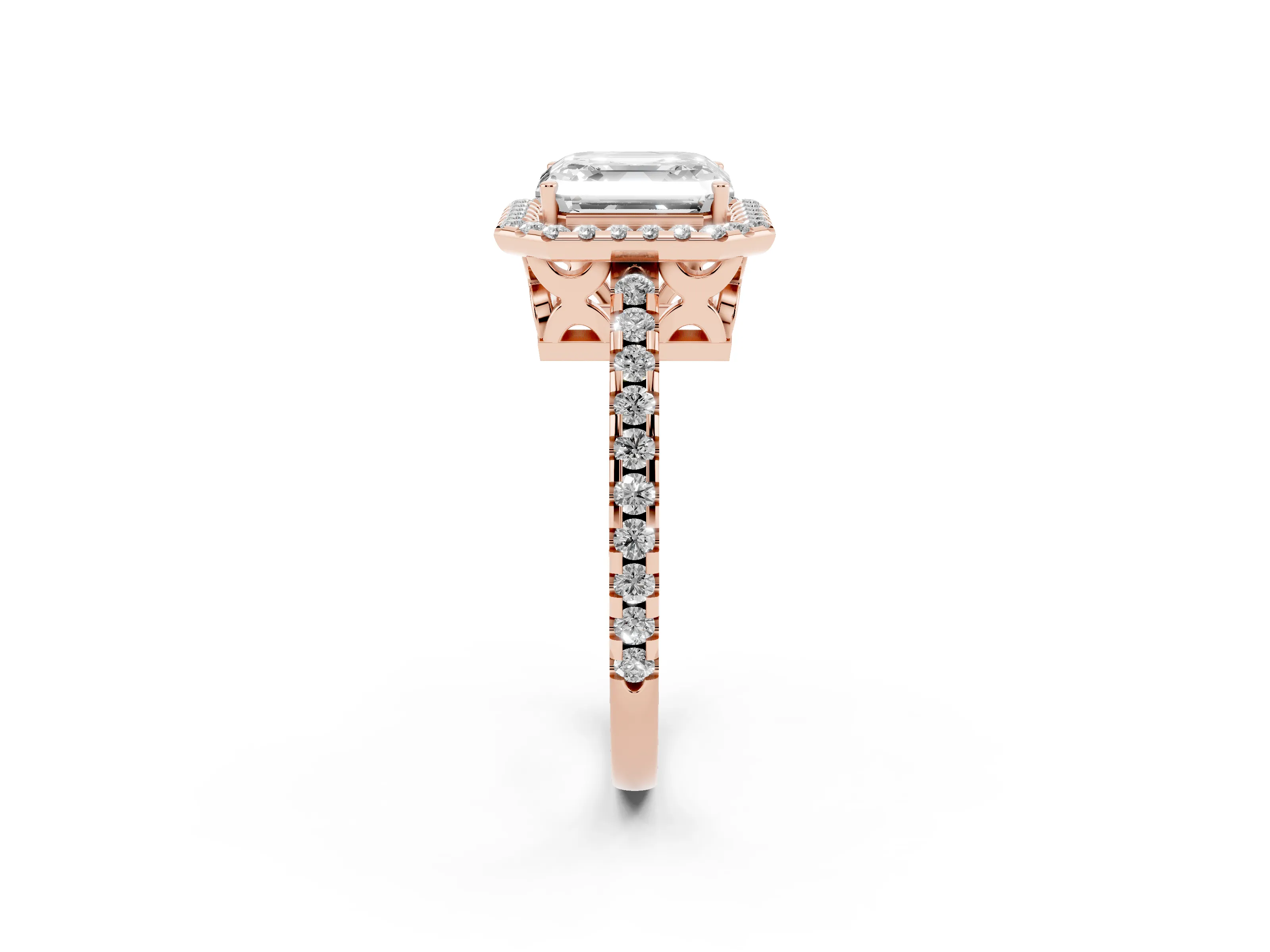 Asscher Cut Diamond Halo Ring Set in Rose gold with Pavé Shoulders and Halo-Framed Center