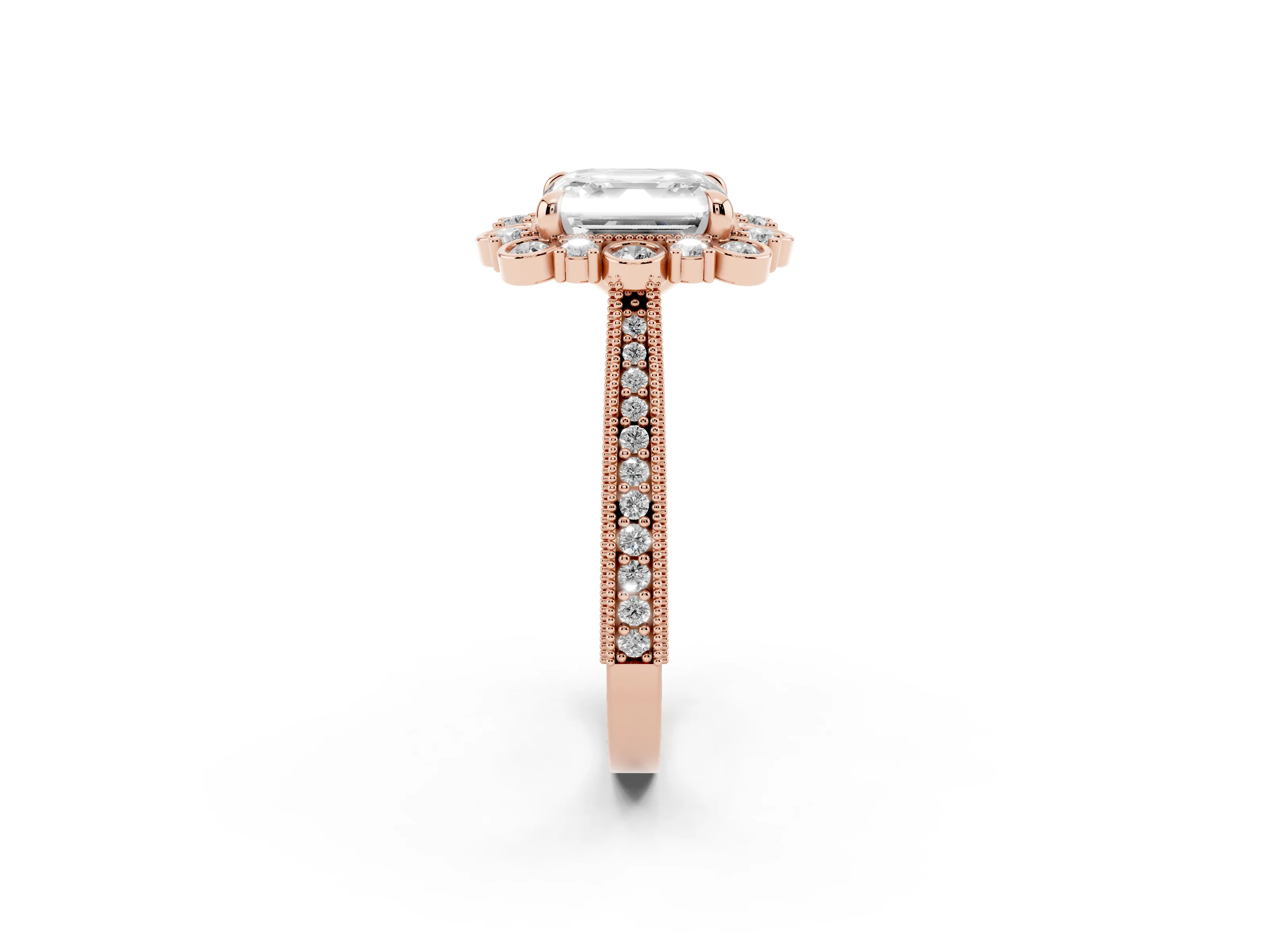 Asscher Cut Diamond Halo Milgrain Pavé Ring Set in Rose gold with Prong Setting