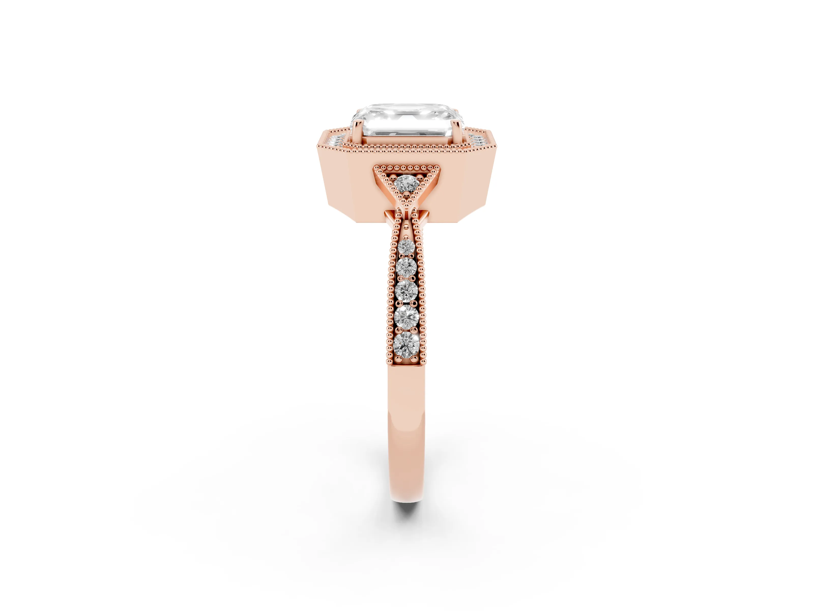 Asscher Cut Diamond Halo Engagement Ring Set in Rose gold with Milgrain Pavé Band
