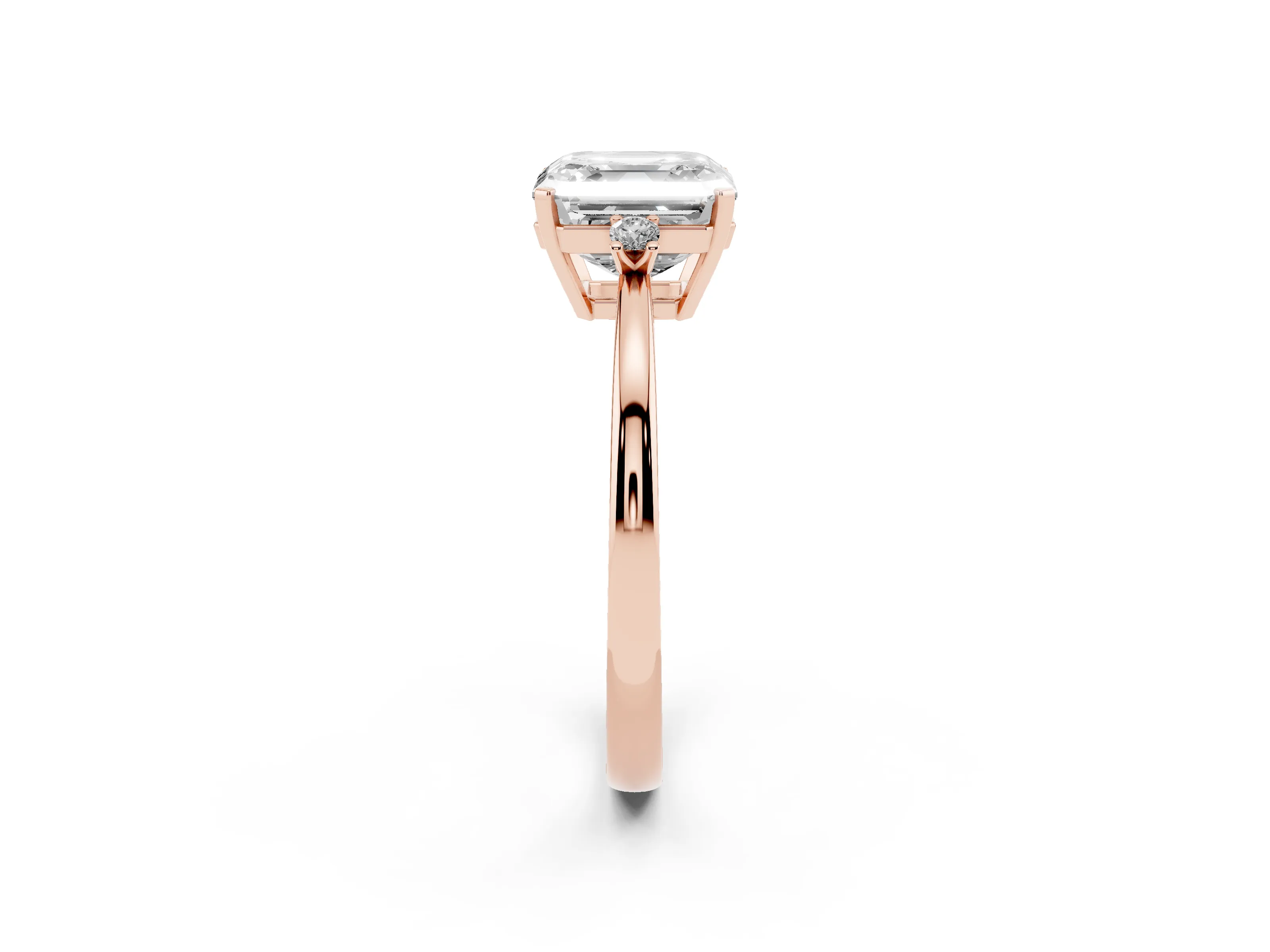 Three-Stone Asscher Cut Diamond Solitaire Ring Set in Rose gold with Round Accent Stones and Prong Setting
