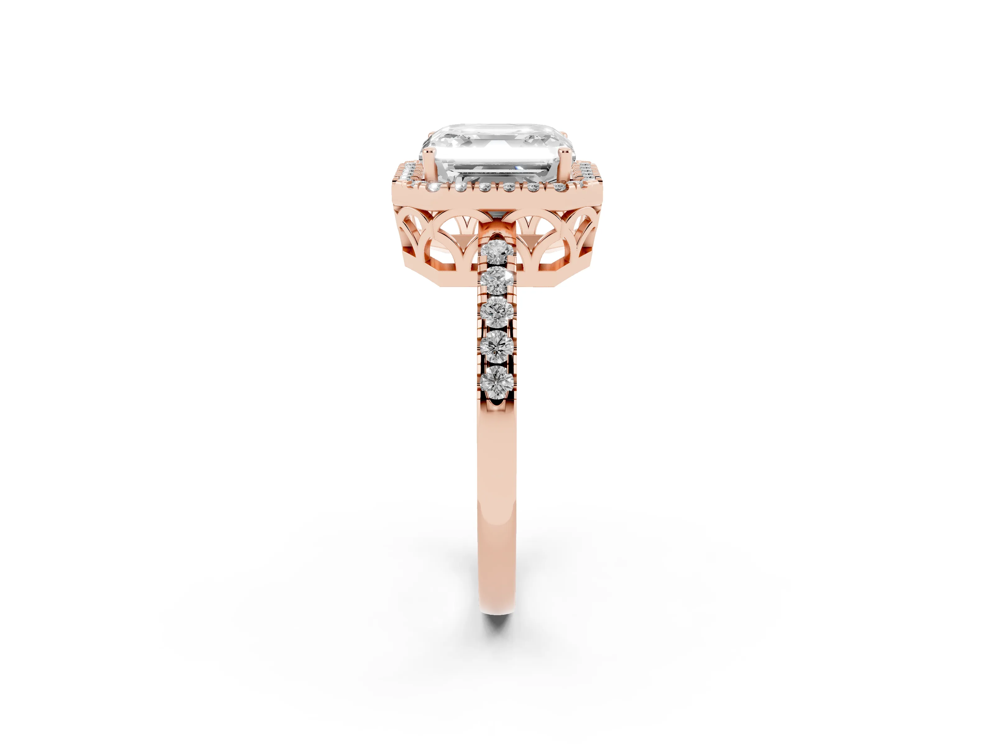 Asscher Cut Diamond Pavé Band Halo Engagement Ring Set in Rose gold with Prong Setting