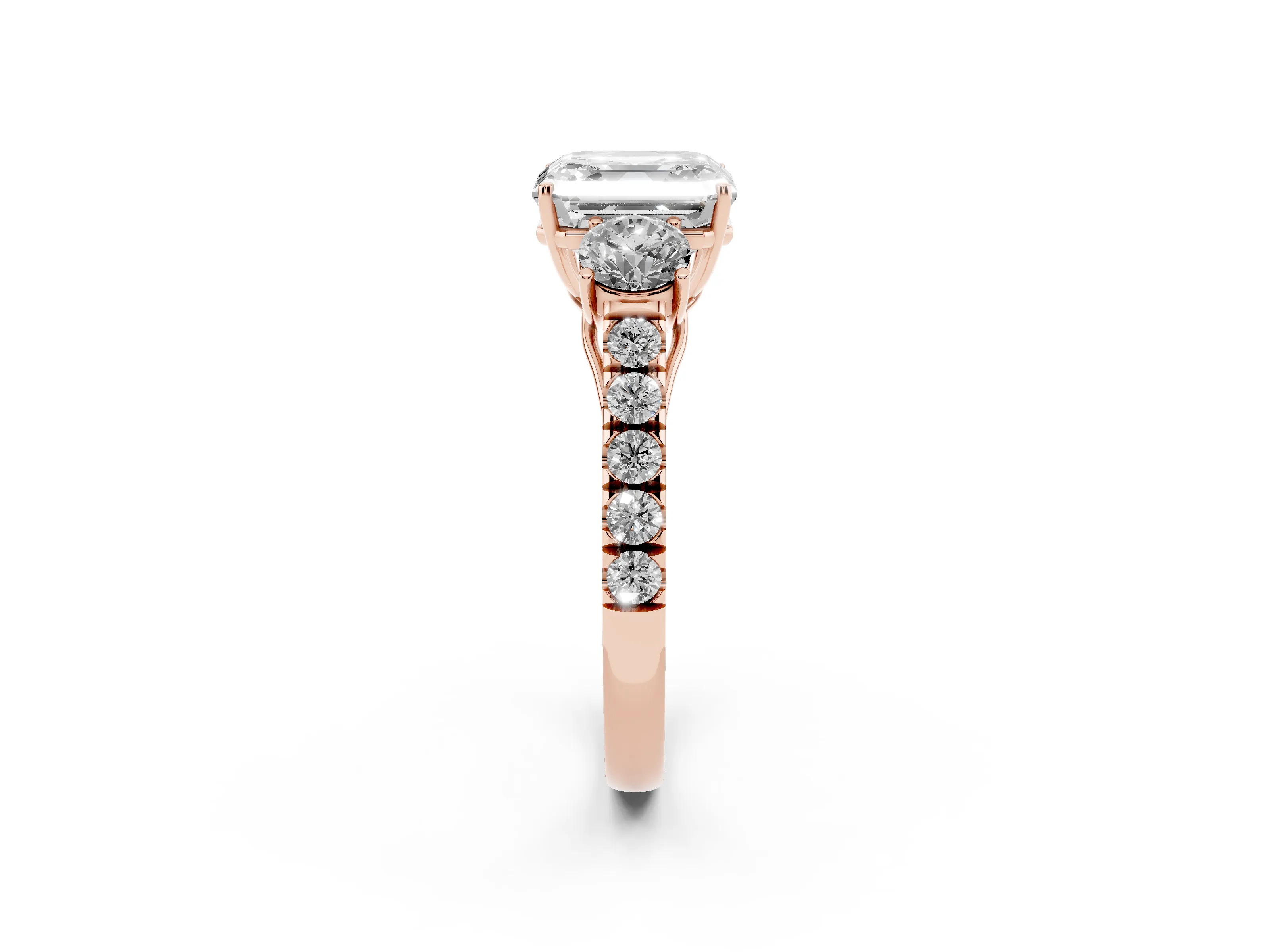 Asscher Cut Diamond Three-Stone Ring Set in Rose gold with Round Side Stones and Delicate Pavé Band