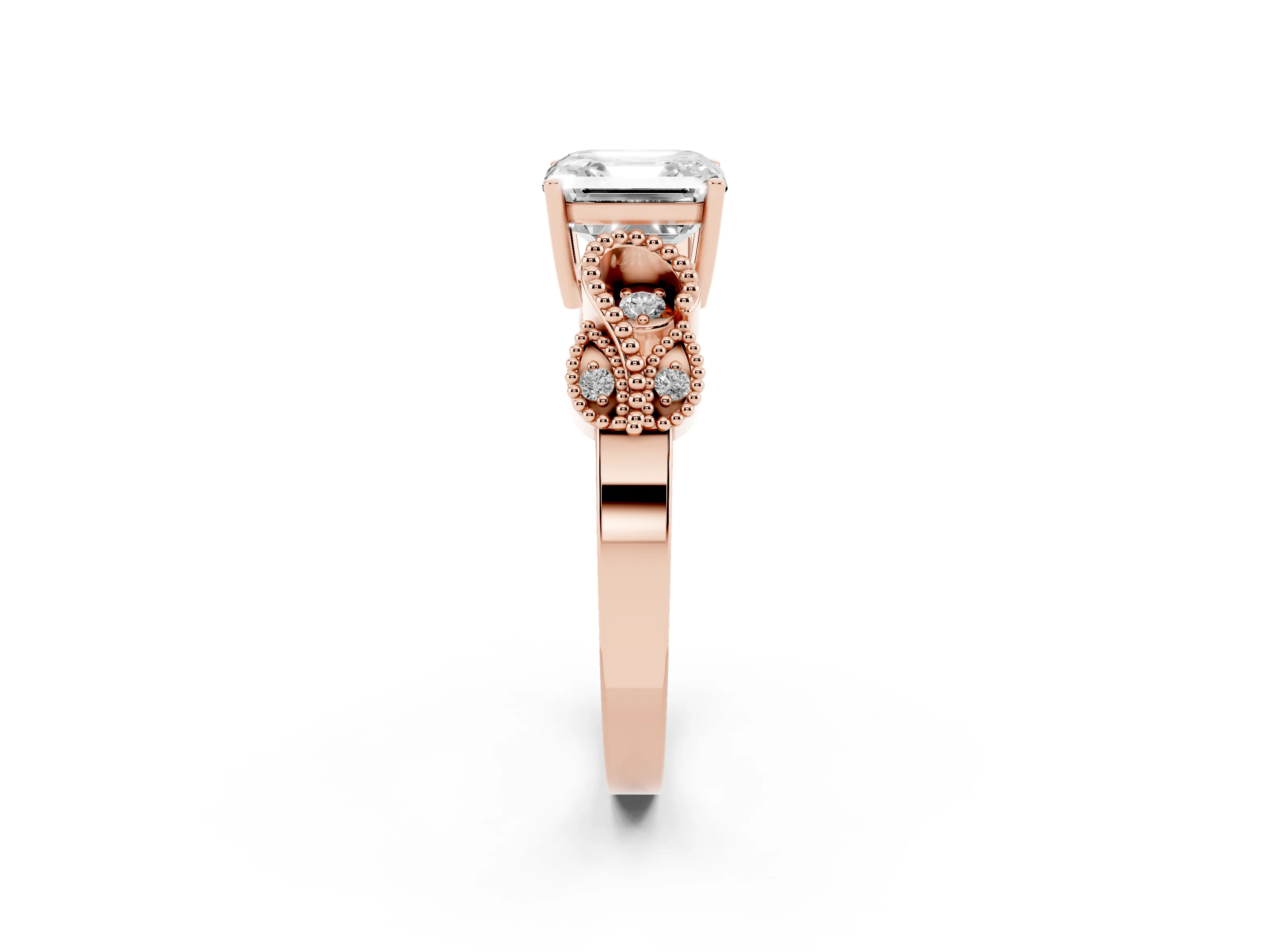 Asscher Cut Diamond Milgrain Leaf Band Solitaire Ring Set in Rose gold with Accent Stones and Prong Setting
