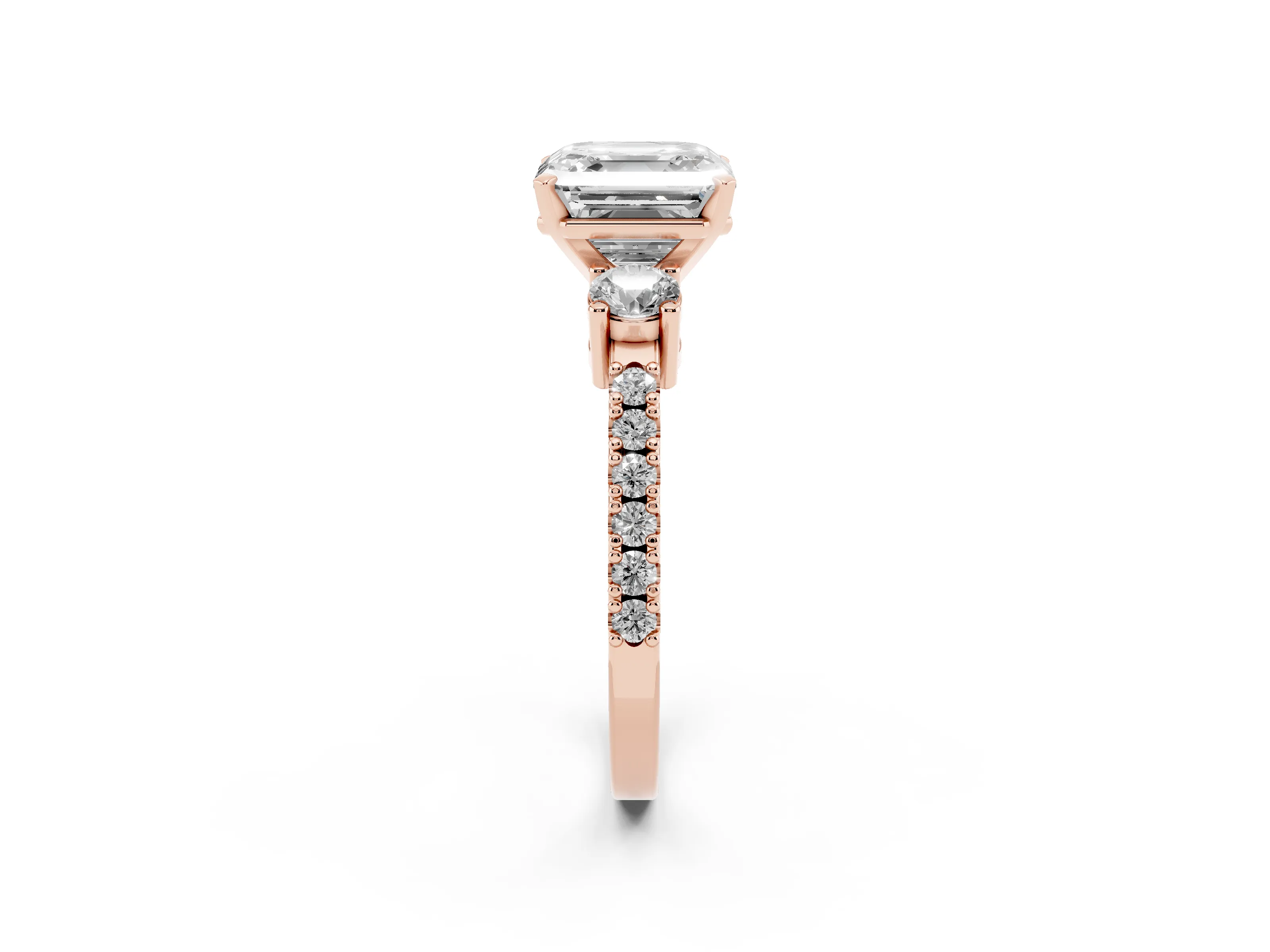 Three-Stone Asscher Cut Diamond Pavé Band Ring Set in Rose gold with Prong Setting