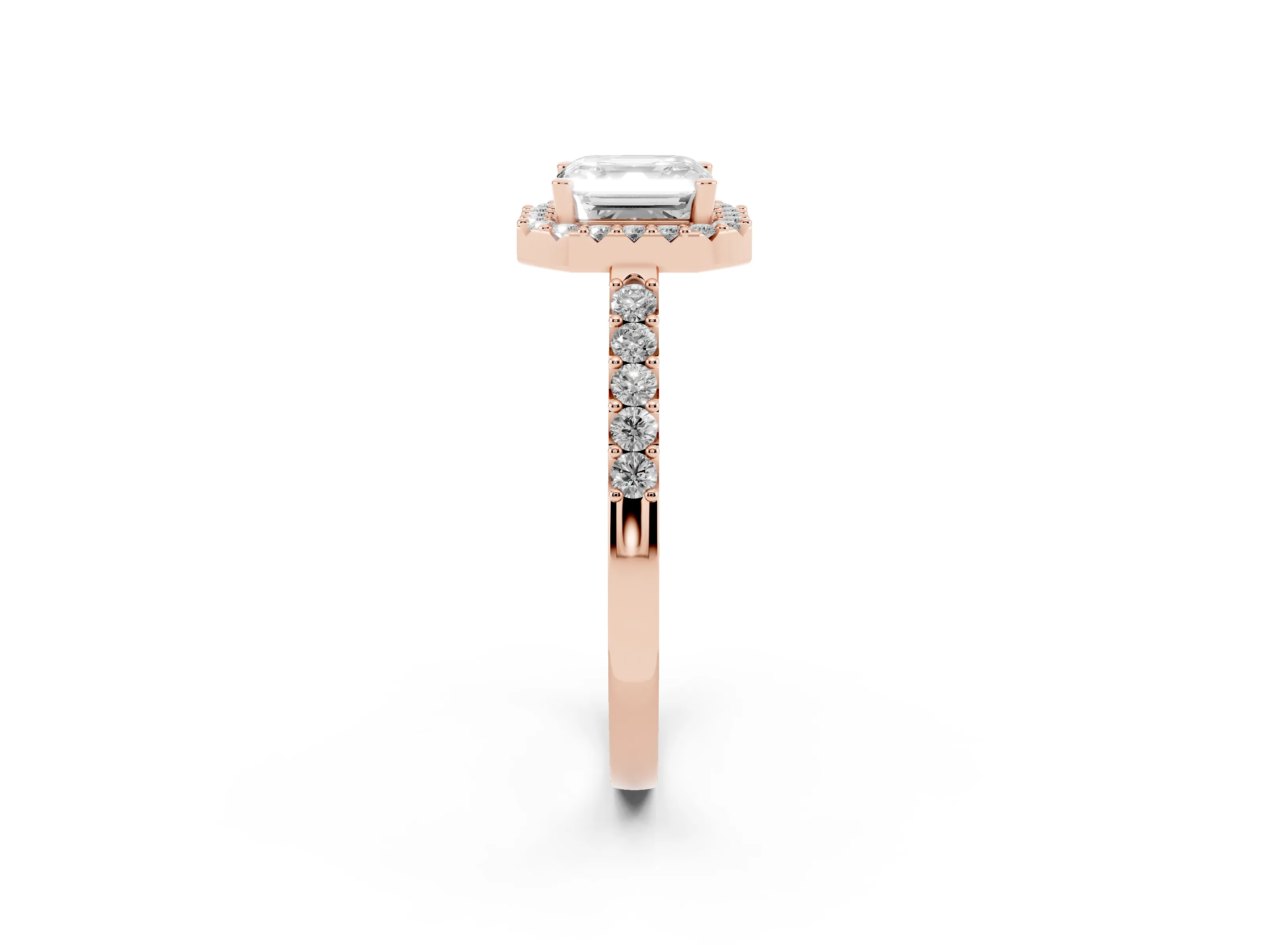 Asscher Cut Diamond Halo Pavé Solitaire Ring Set in Rose gold with Prong-Set Center Stone