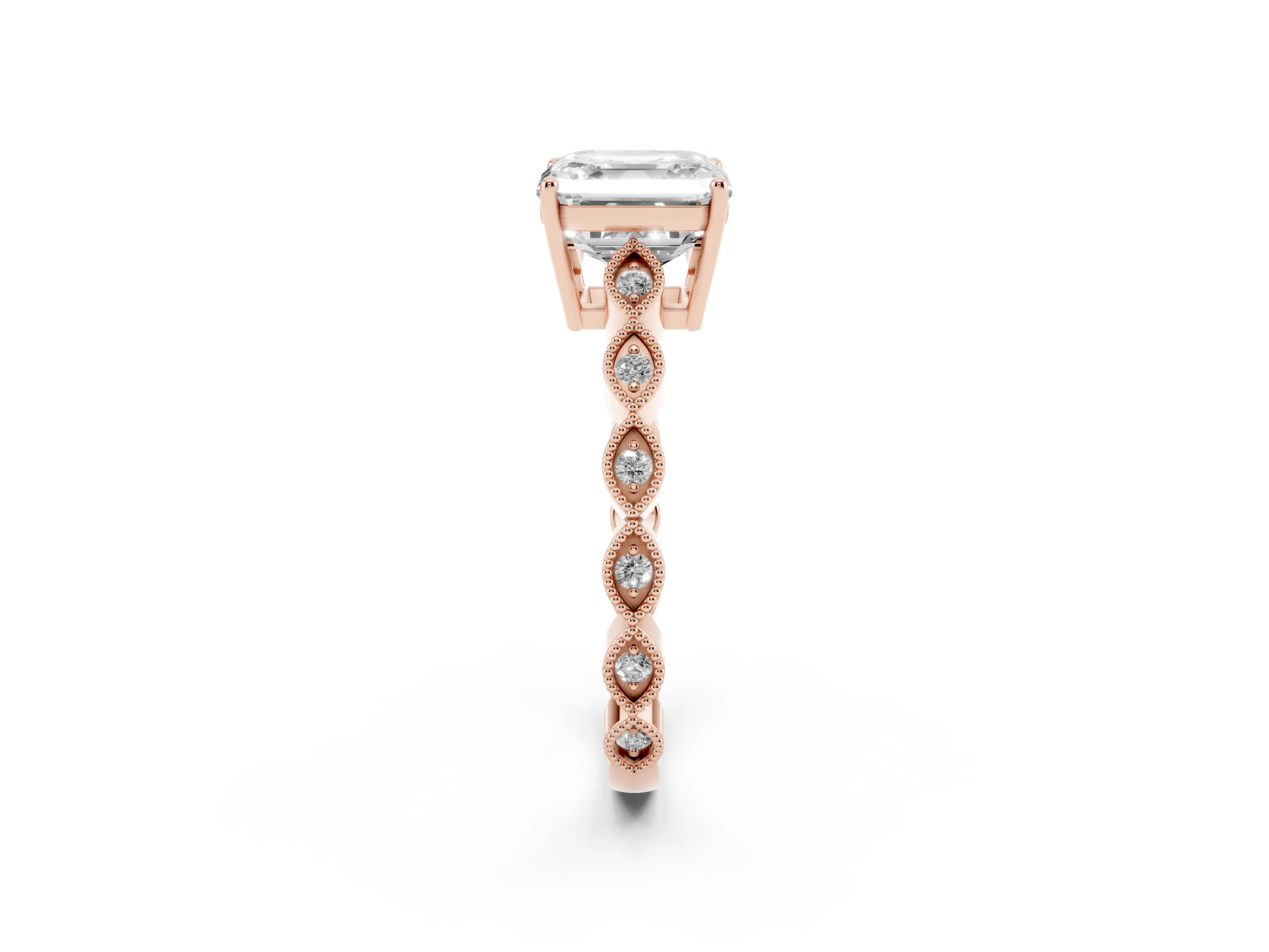Asscher Cut Diamond Solitaire Ring Set in Rose gold with Infinity Twist Pavé Band