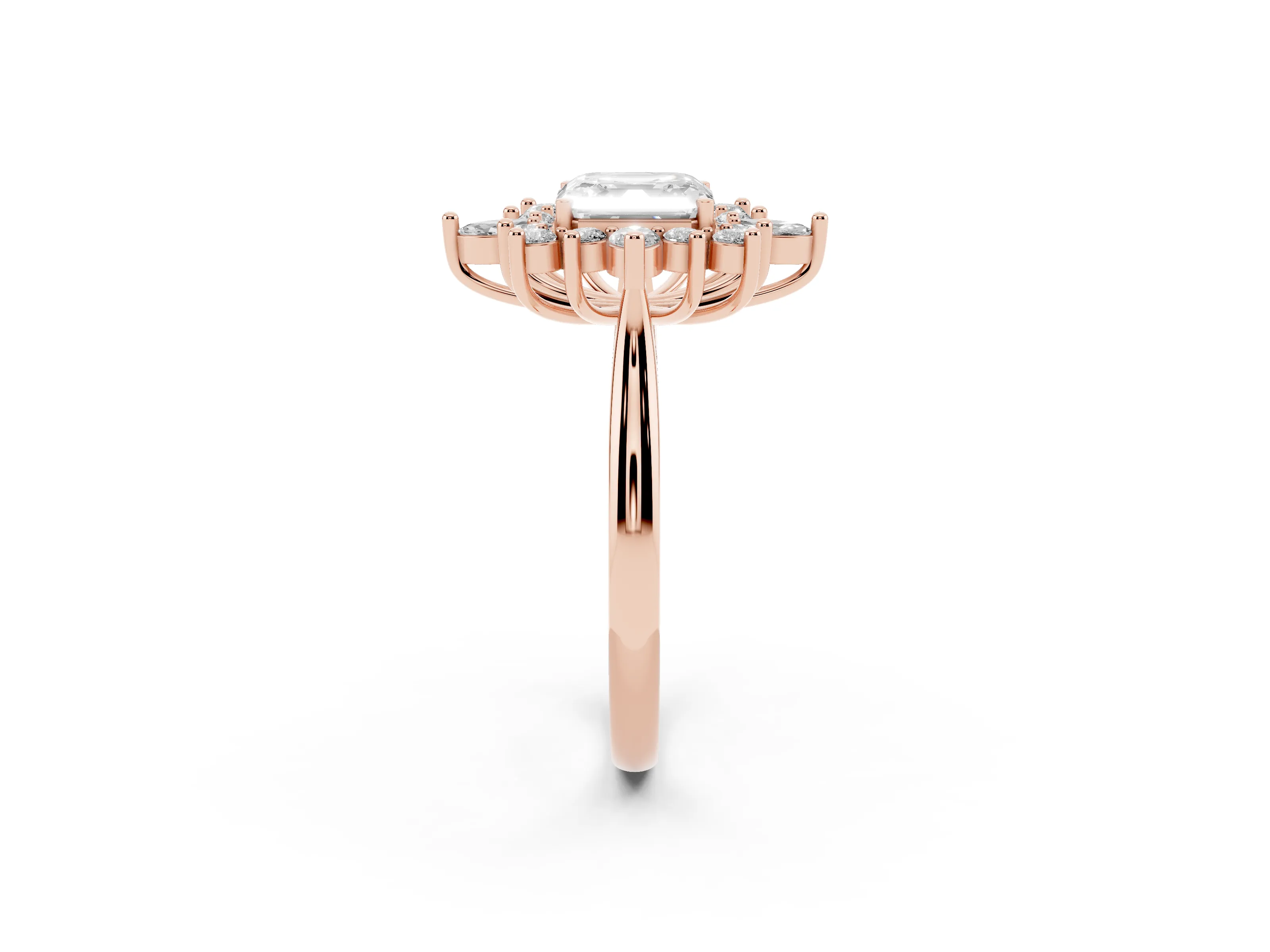 Asscher Cut Diamond Cluster Halo Ring Set in Rose gold with Marquise and Round Accents
