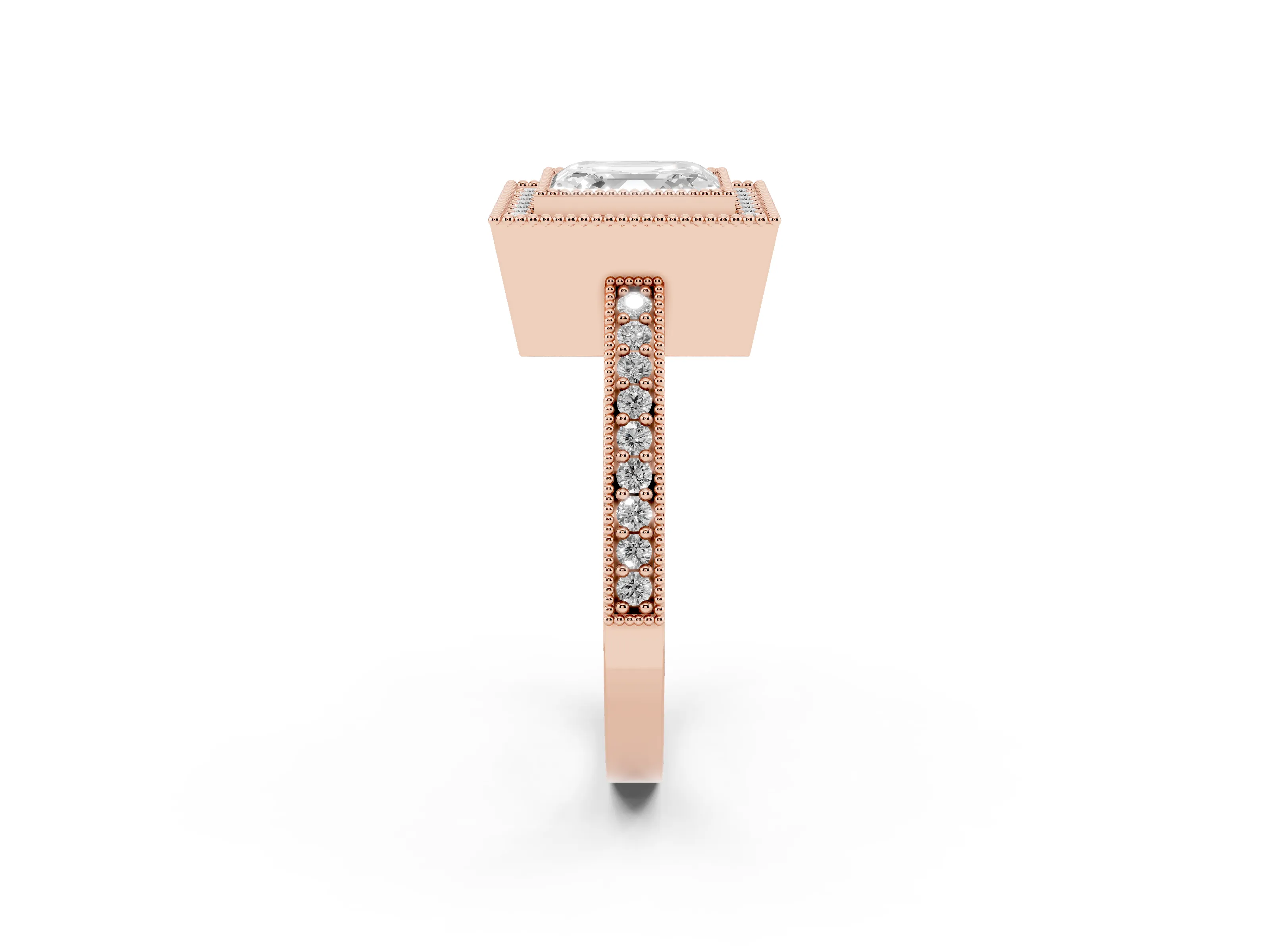 Asscher Cut Diamond Halo Engagement Ring Set in Rose gold with Pavé Band and Round Halo Stones