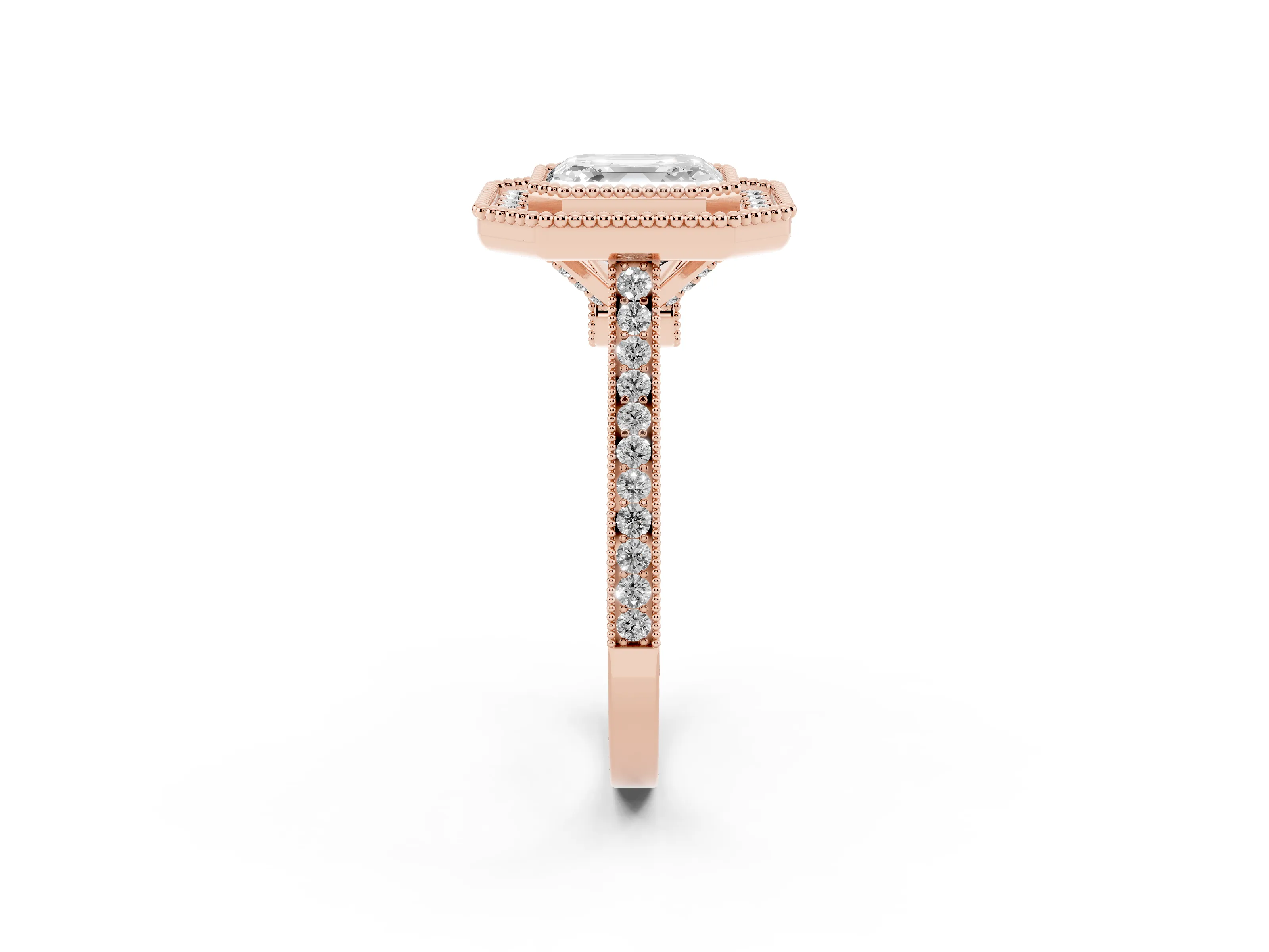 Asscher Cut Diamond Halo Ring Set in Rose gold with Milgrain Frame and Pavé Band