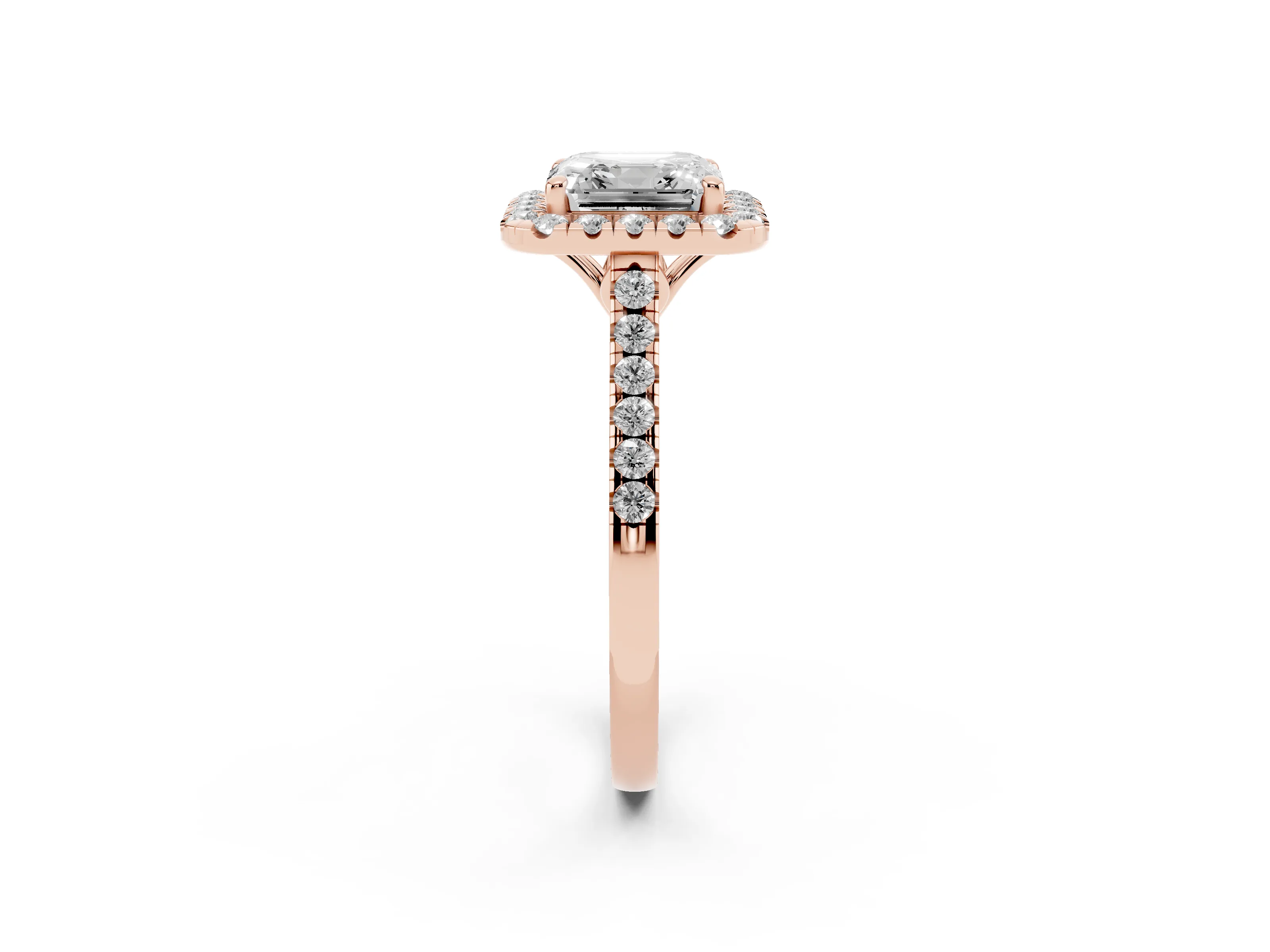 Asscher Cut Diamond Pavé Halo Engagement Ring Set in Rose gold with Pavé Band and Prong Setting