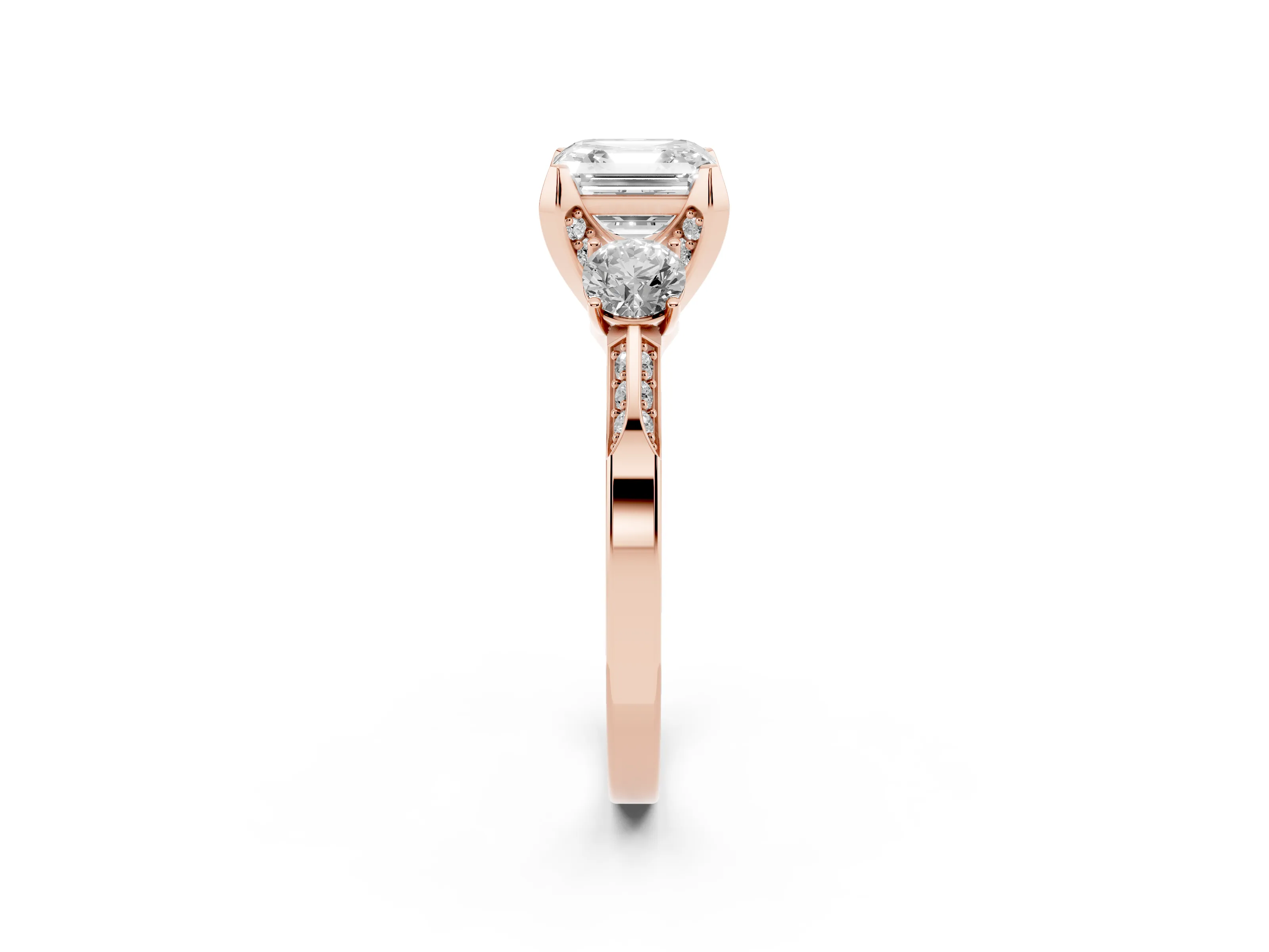Asscher Cut Diamond Three-Stone Ring Set in Rose gold with Pavé Band and Smaller Side Stones