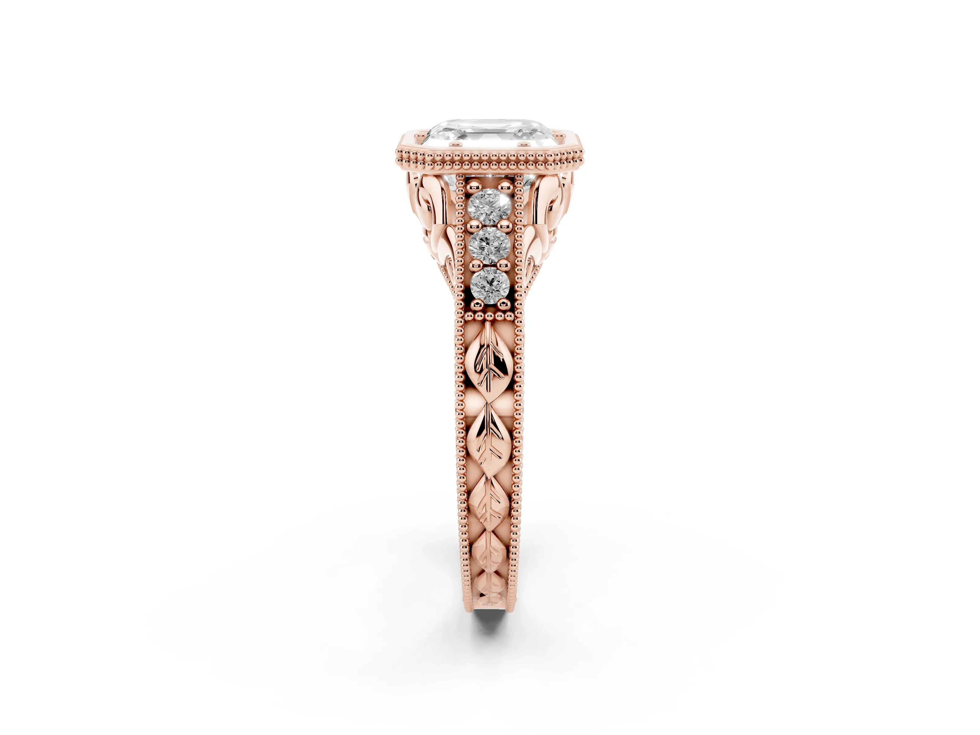 Bezel Set Asscher Cut Diamond Milgrain Pavé Engagement Ring Set in Rose gold