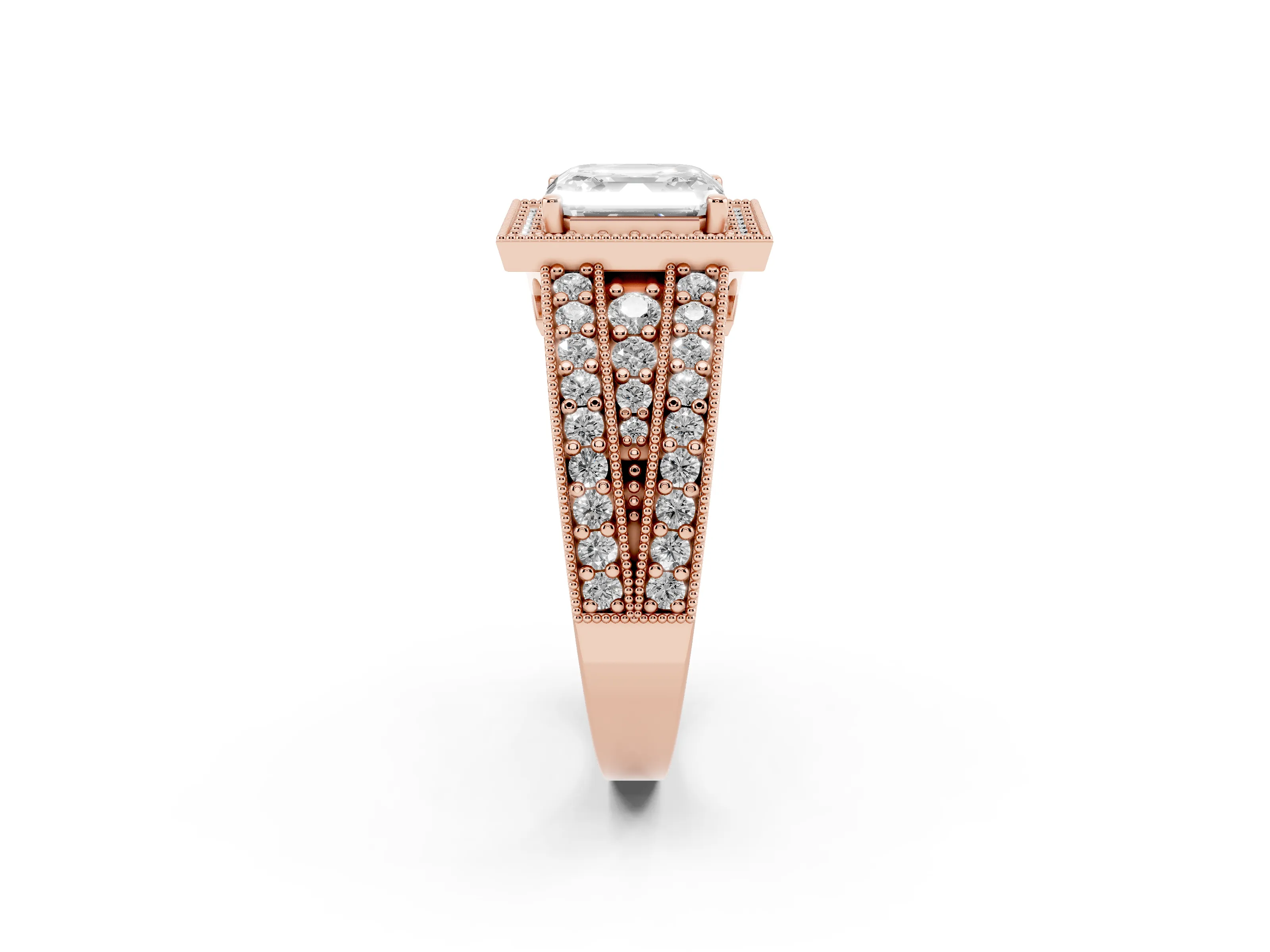 Asscher Cut Diamond Halo Ring Set in Rose gold with Accent Split Shank and Prong Setting