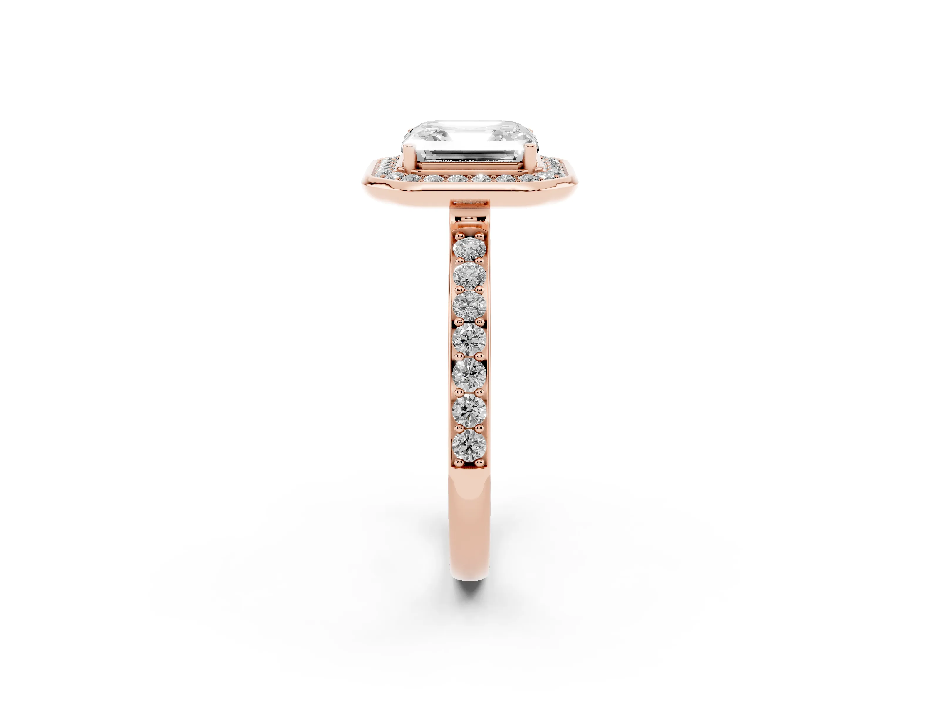 Asscher Cut Diamond Halo Ring Set in Rose gold with Bezel Frame and Pavé Band