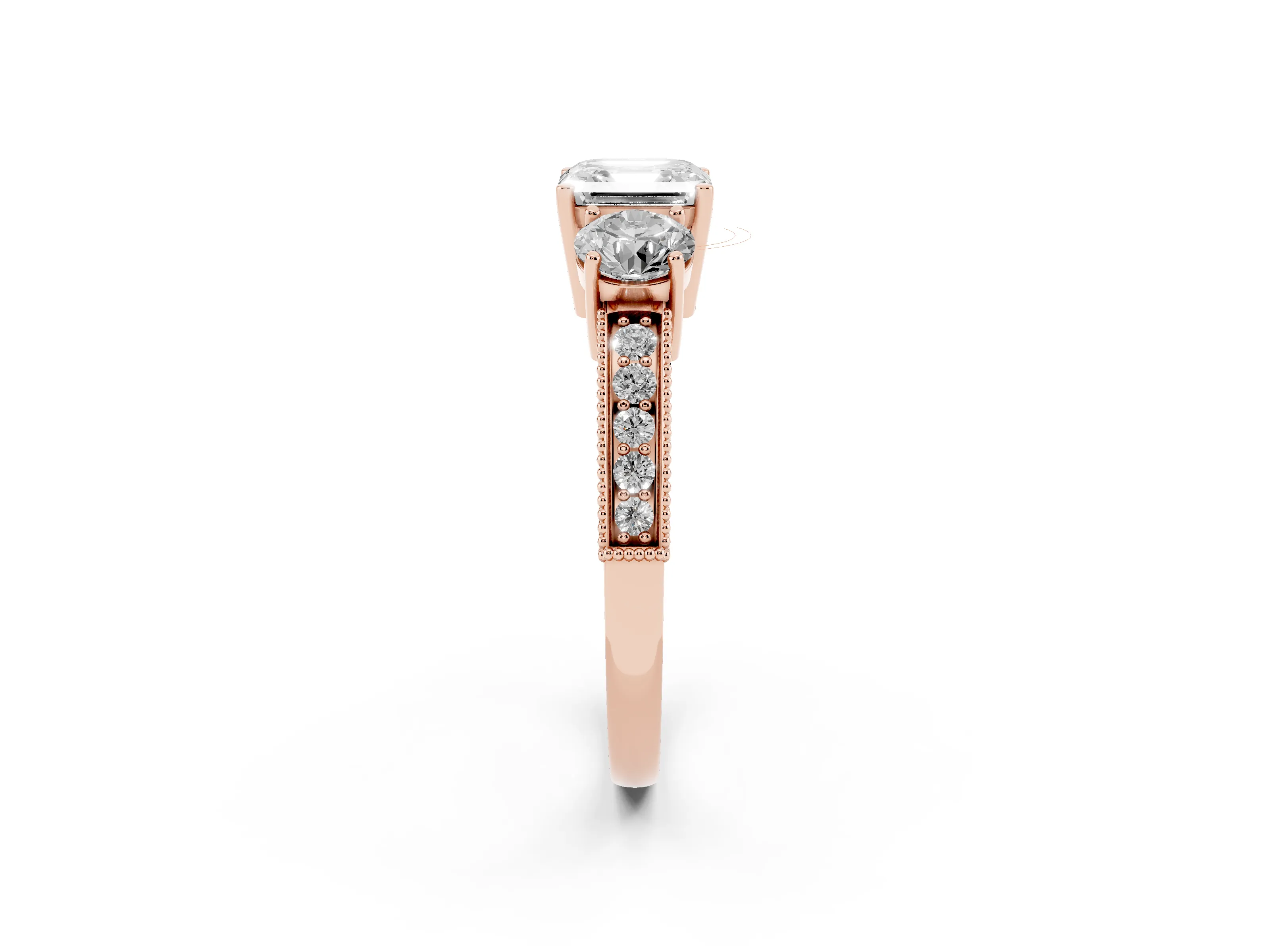 Asscher Cut Diamond Three-Stone Ring Set in Rose gold with Round Side Stones and Pavé Band