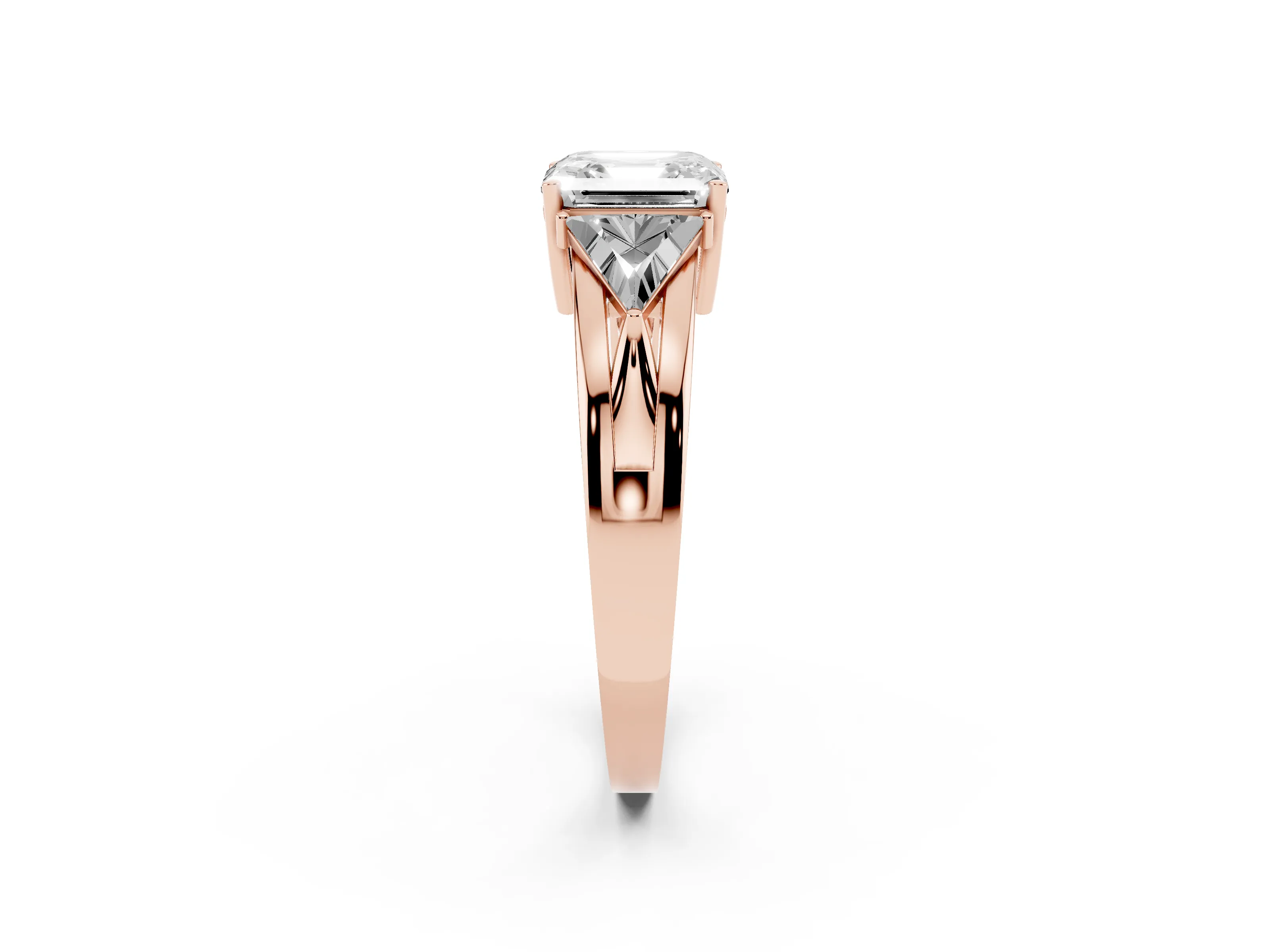 Asscher Cut Diamond Three-Stone Ring Set in Rose gold with Trillion Side Stones and Split Shank