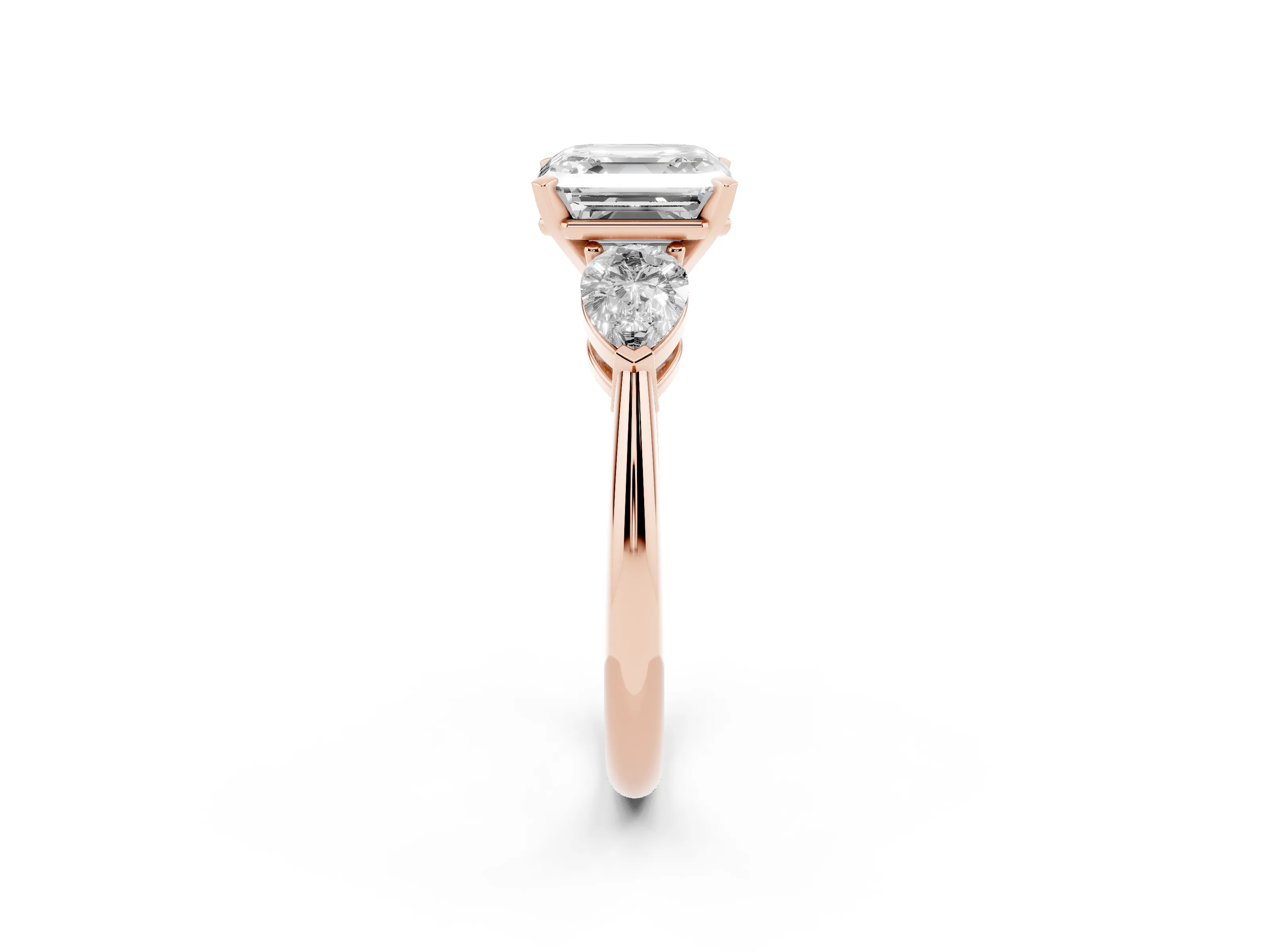 Three-Stone Asscher Cut Diamond Ring Set in Rose gold with Pear Side Stones and Prong Setting