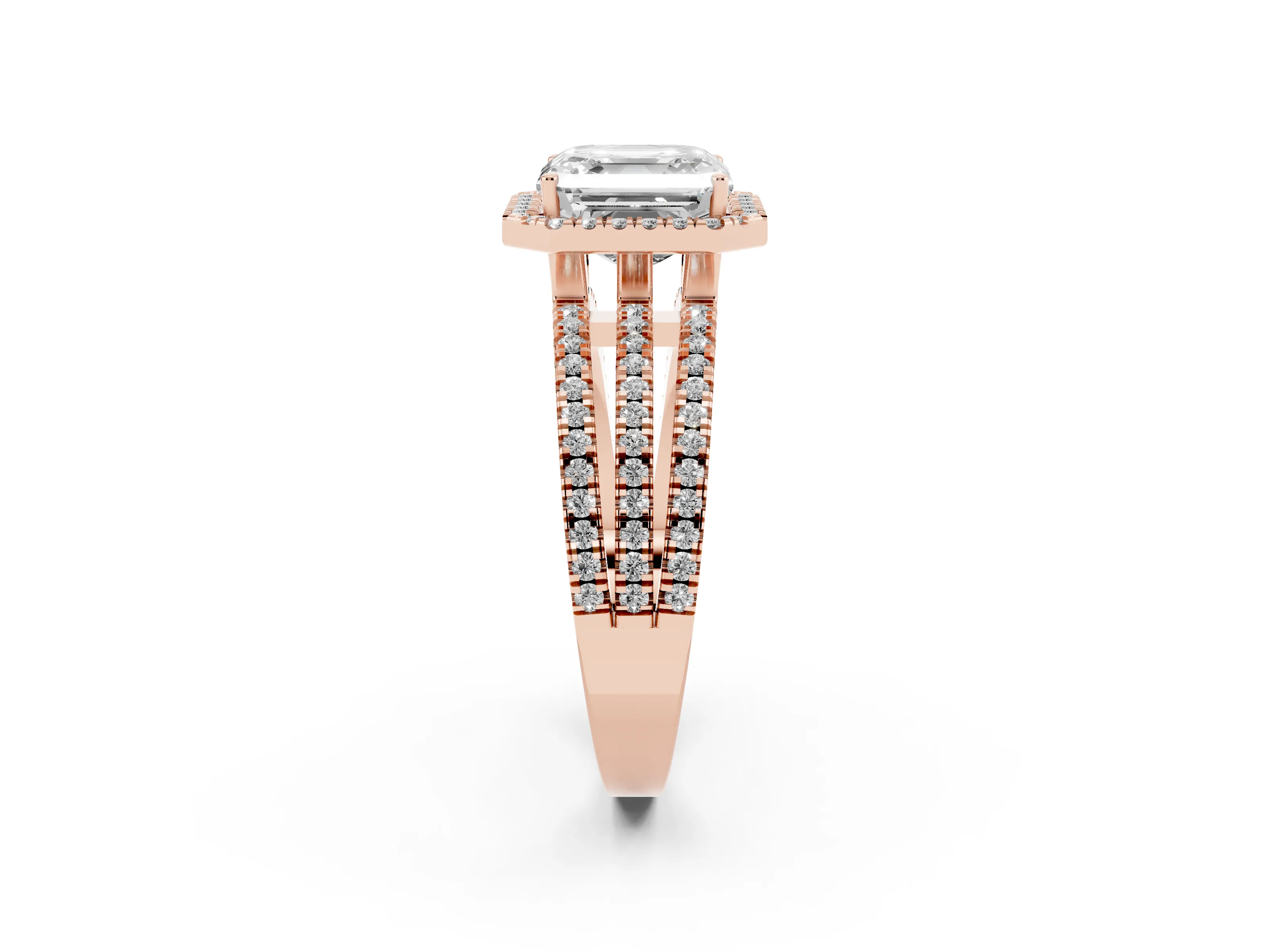 Asscher Cut Diamond Halo Split Shank Engagement Ring Set in Rose gold with Prong Setting