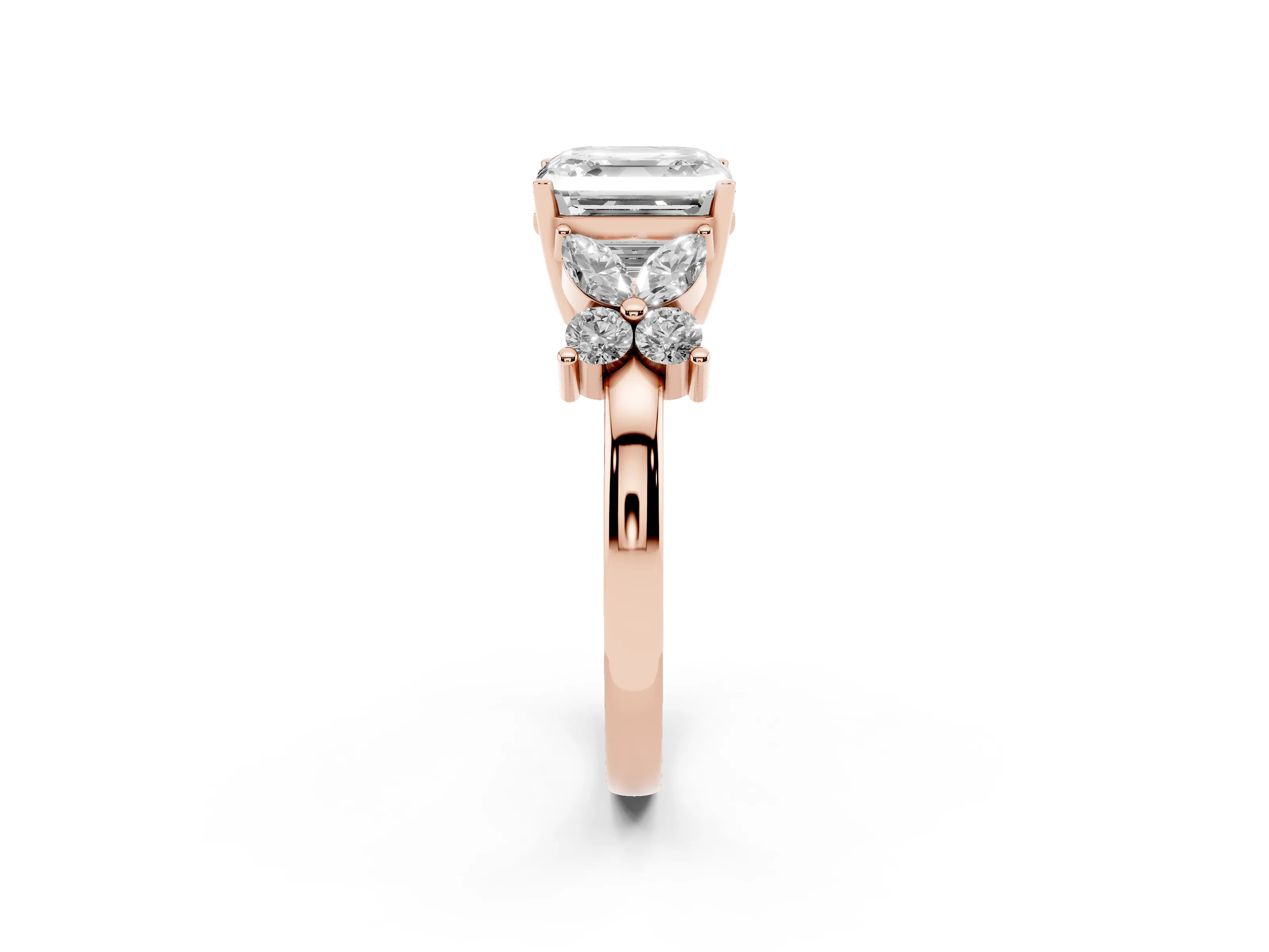 Asscher Cut Diamond Floral Cluster Ring Set in Rose gold with Marquise Petals and Prong Setting