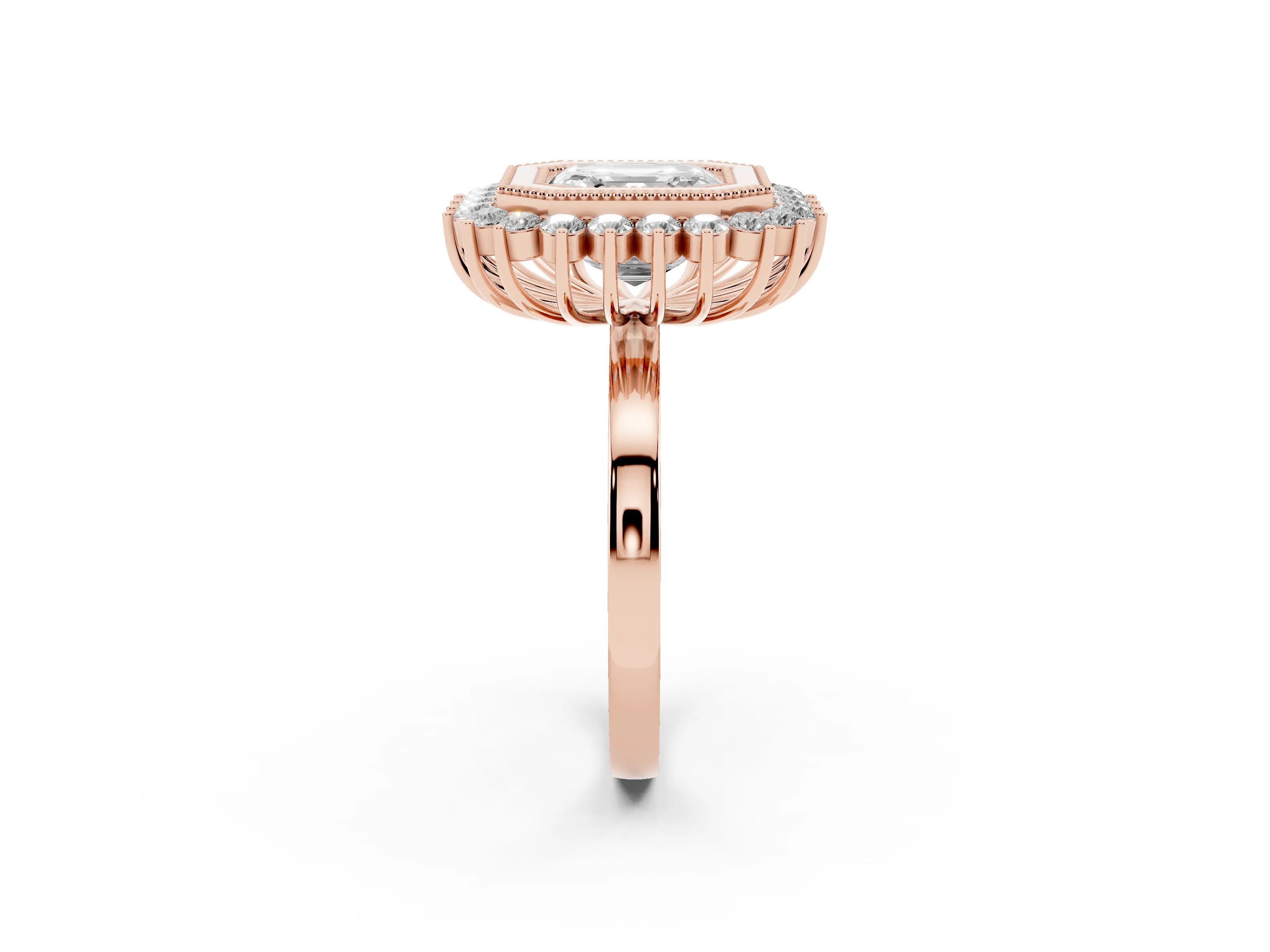 Asscher Cut Diamond Halo Ring Set in Rose gold with Milgrain Edge and Round Prong Setting