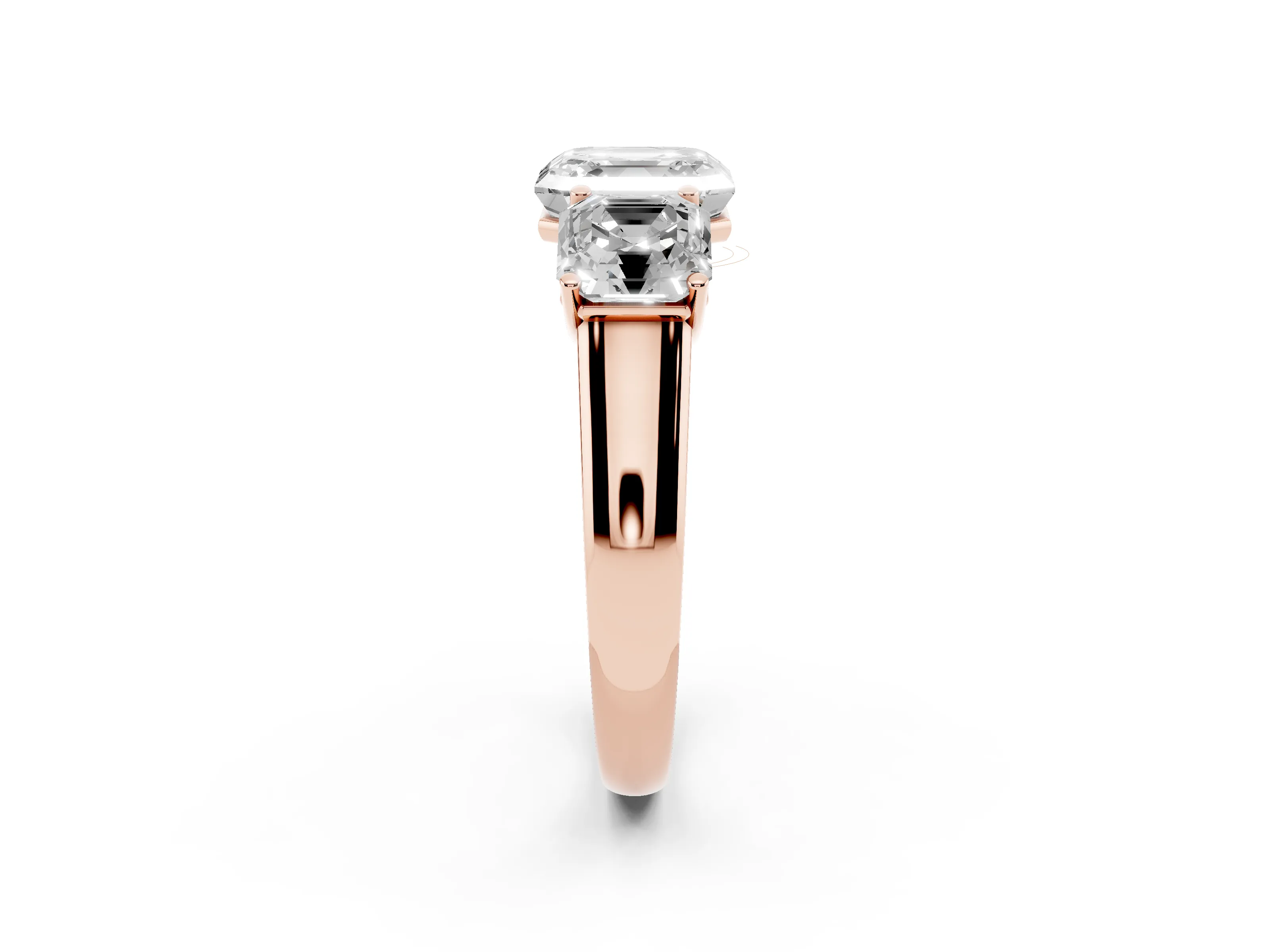 Asscher Cut Diamond Three-Stone Ring Set in Rose gold with Plain Polished Band