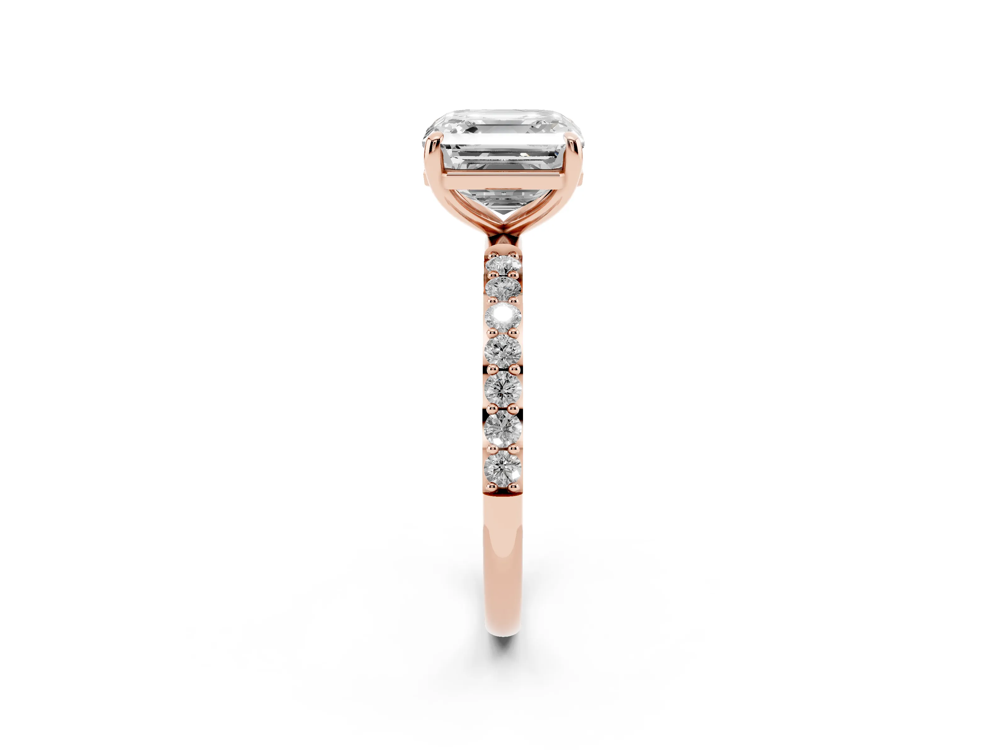 Asscher Cut Diamond Solitaire Ring Set in Rose gold with Round Pavé Band and Prong Setting