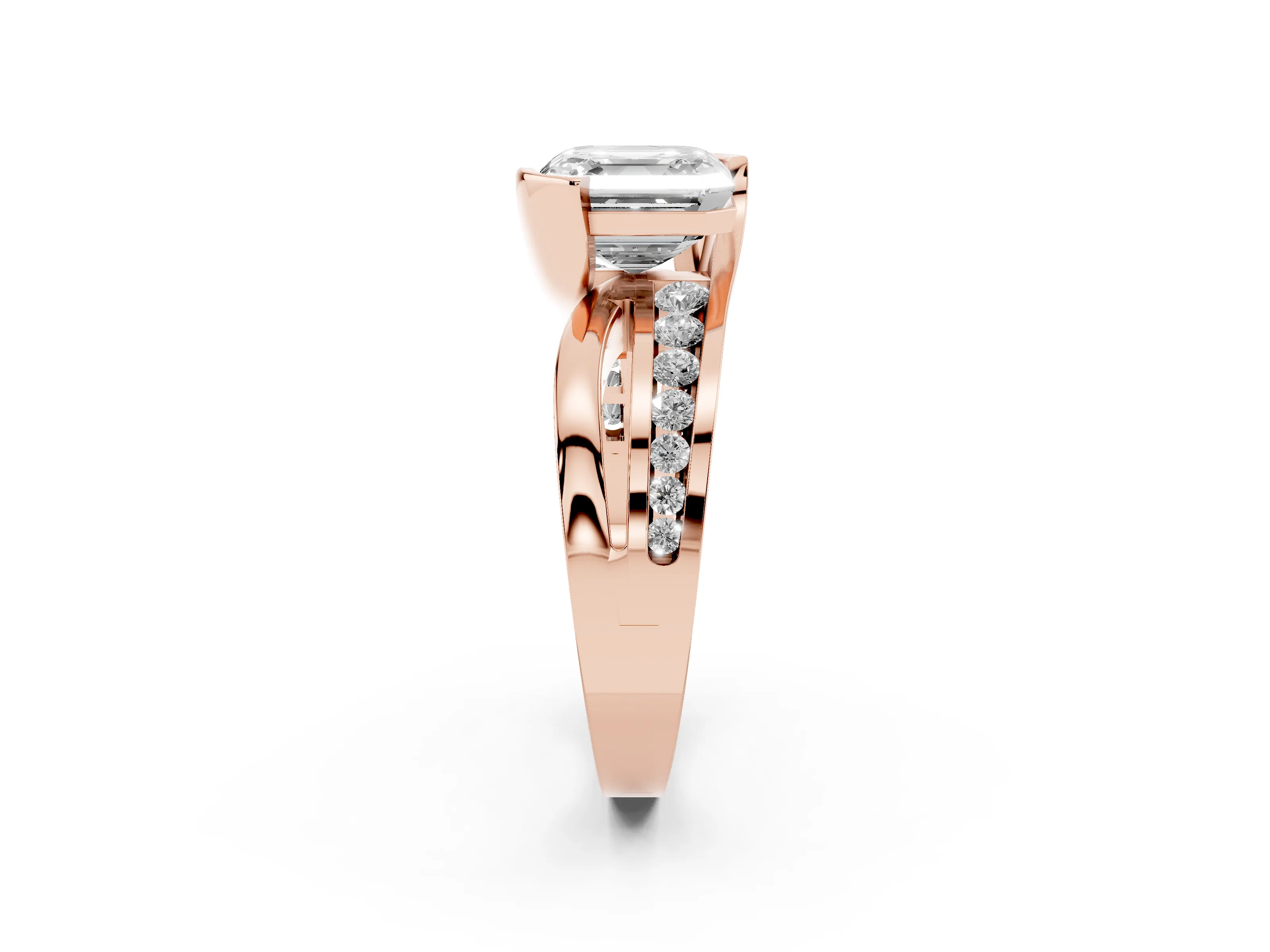 Asscher Cut Diamond Solitaire Ring Set in Rose gold with Channel Set Split Shank and Tension Prongs