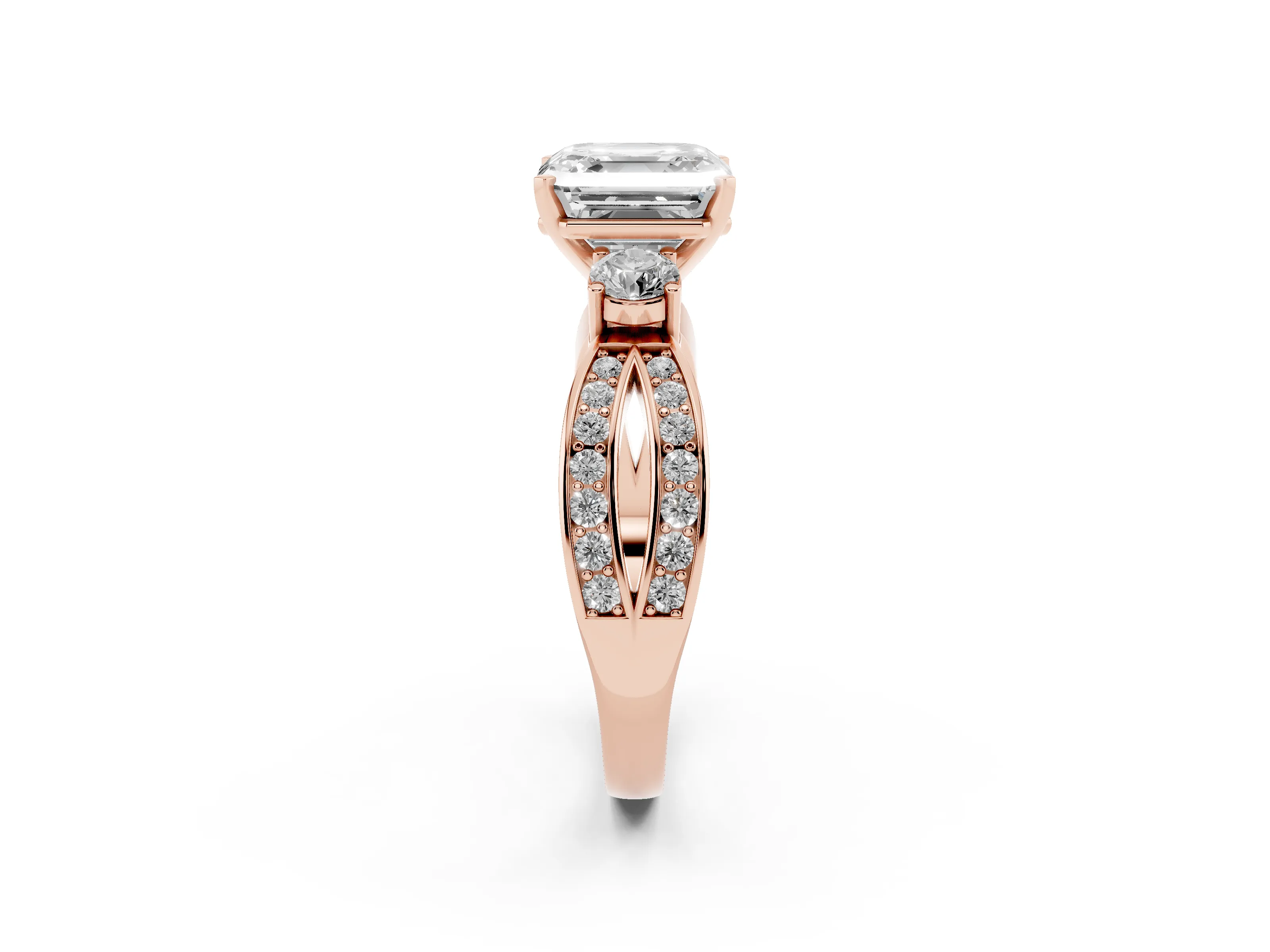 Three-Stone Asscher Cut Diamond Twist Band Ring Set in Rose gold with Pavé Accents and Prong Setting