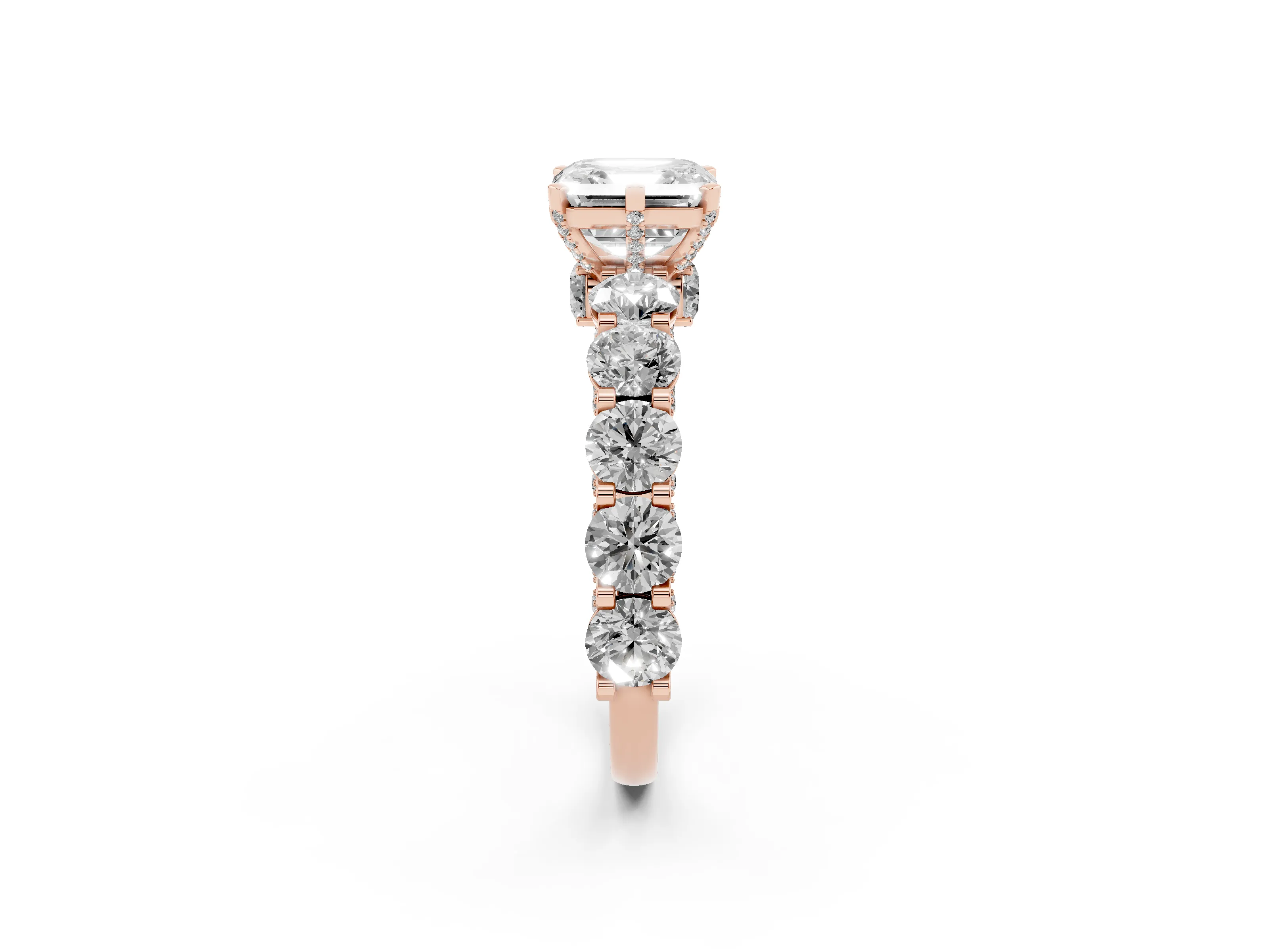 Asscher Cut Diamond Side Stone Ring Set in Rose gold with Alternating Round and Oval Side Stones