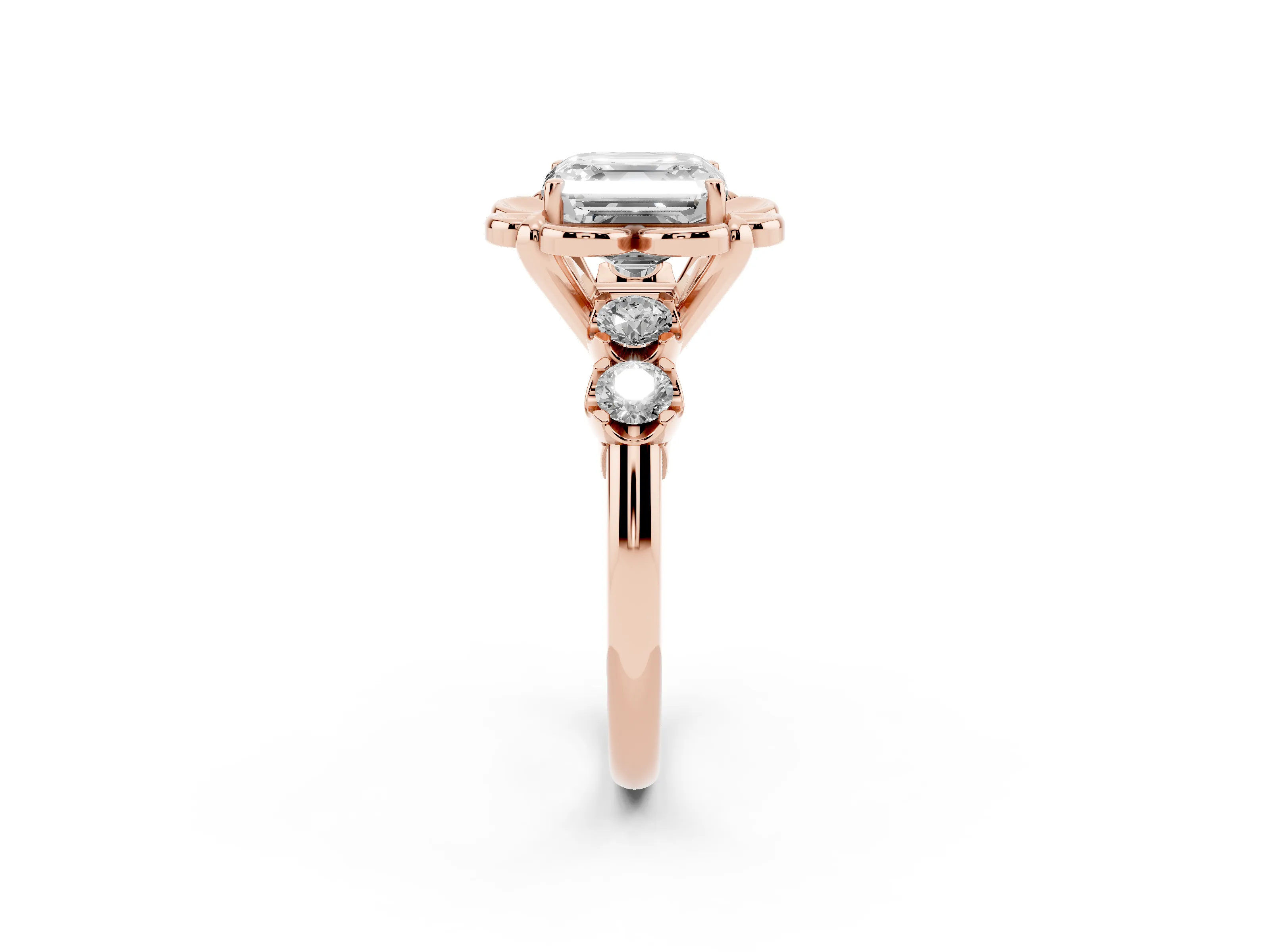 Asscher Cut Diamond Floral Halo Ring Set in Rose gold with Shared Prong Band