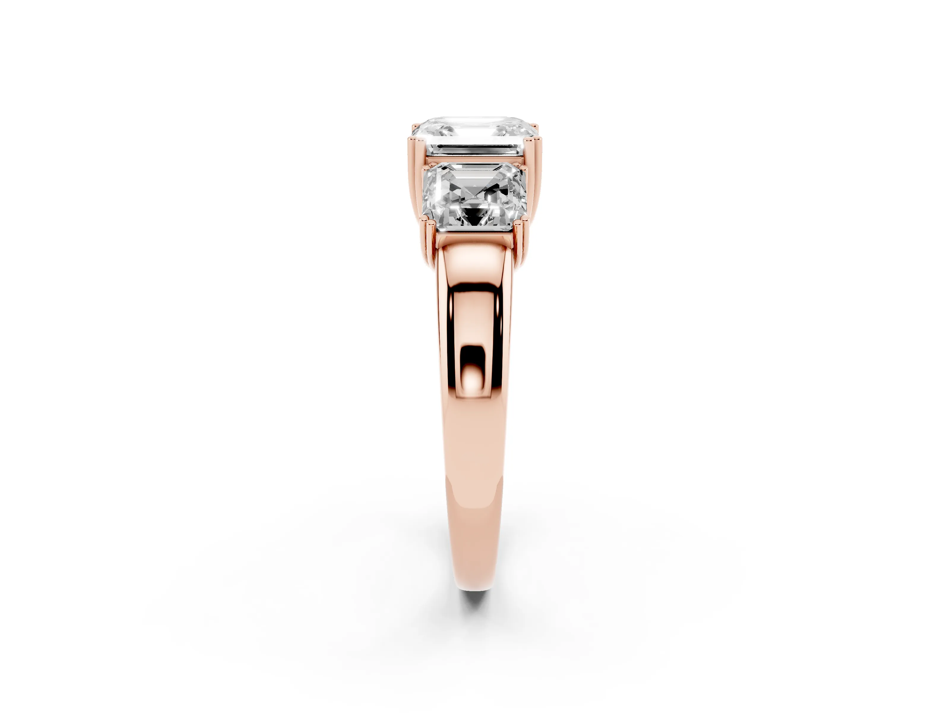 Asscher Cut Diamond Three-Stone Ring Set in Rose gold with Polished Band and Prong Setting