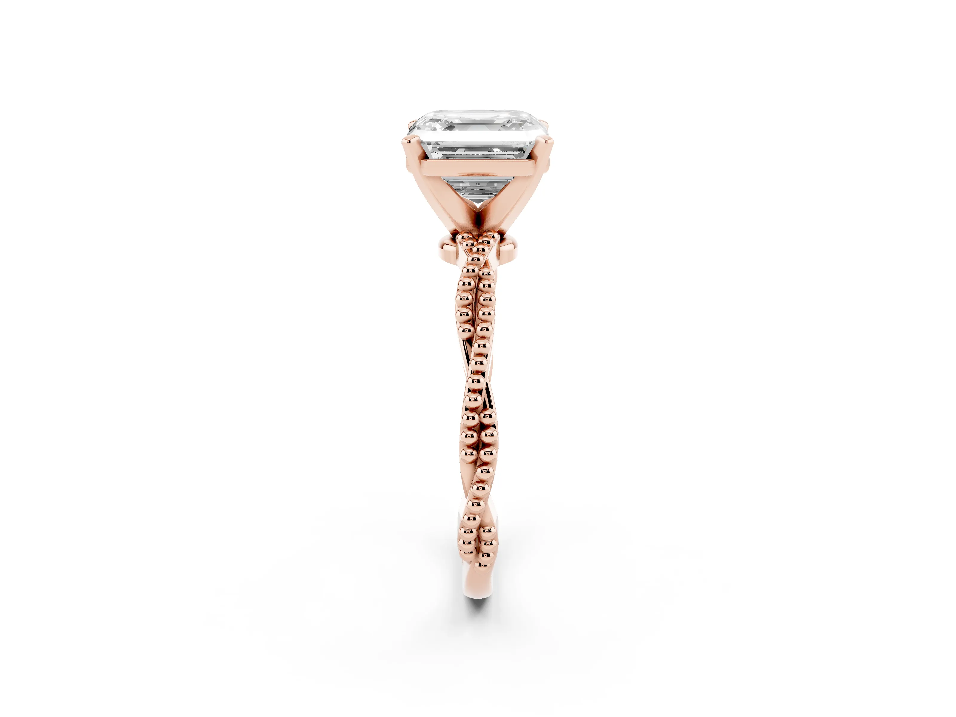 Asscher Cut Diamond Solitaire Ring Set in Rose gold with Twisted Band and Bead Prong Setting