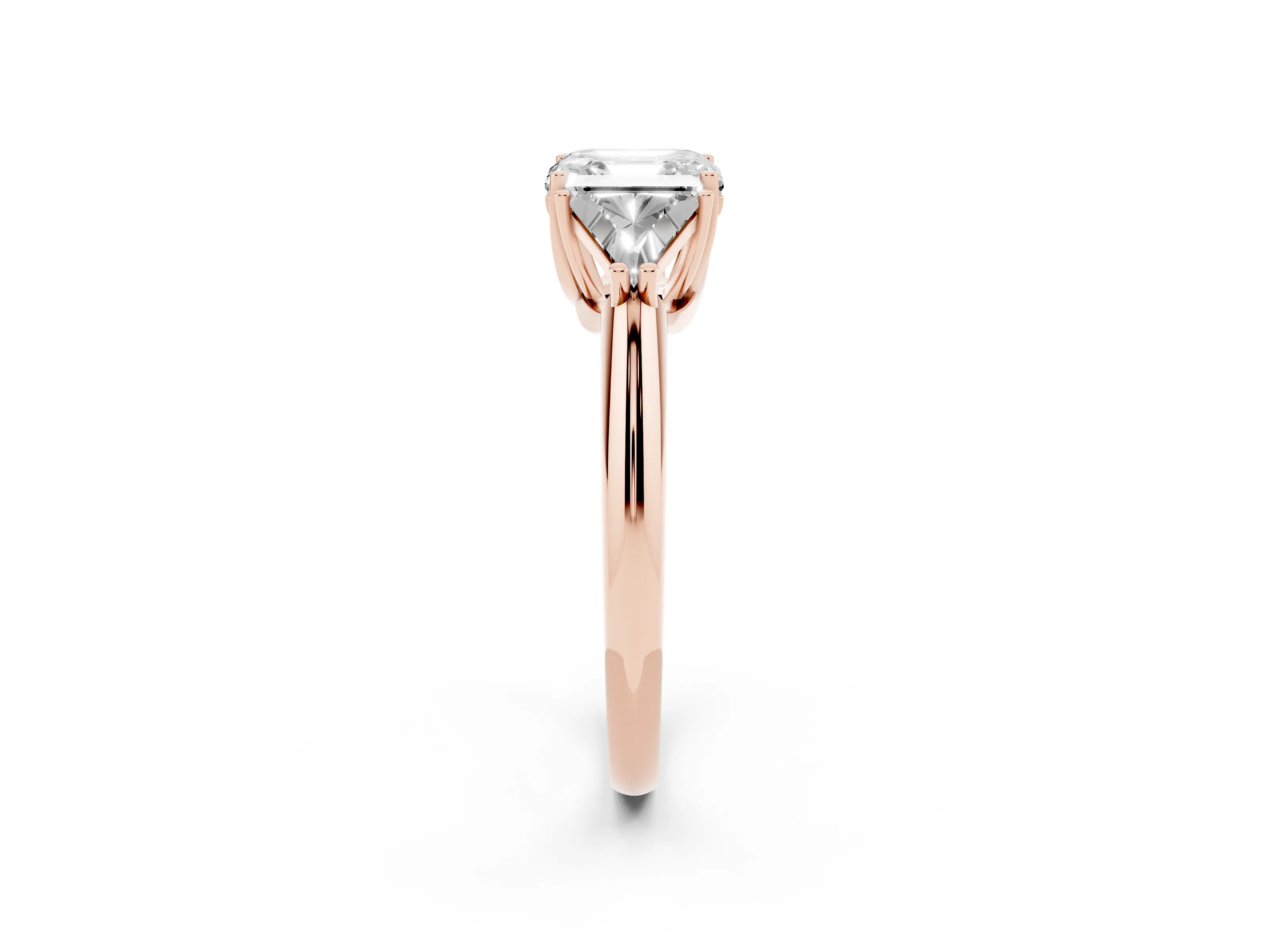 Asscher Cut Diamond Three-Stone Engagement Ring Set in Rose gold with Trillion Side Stones