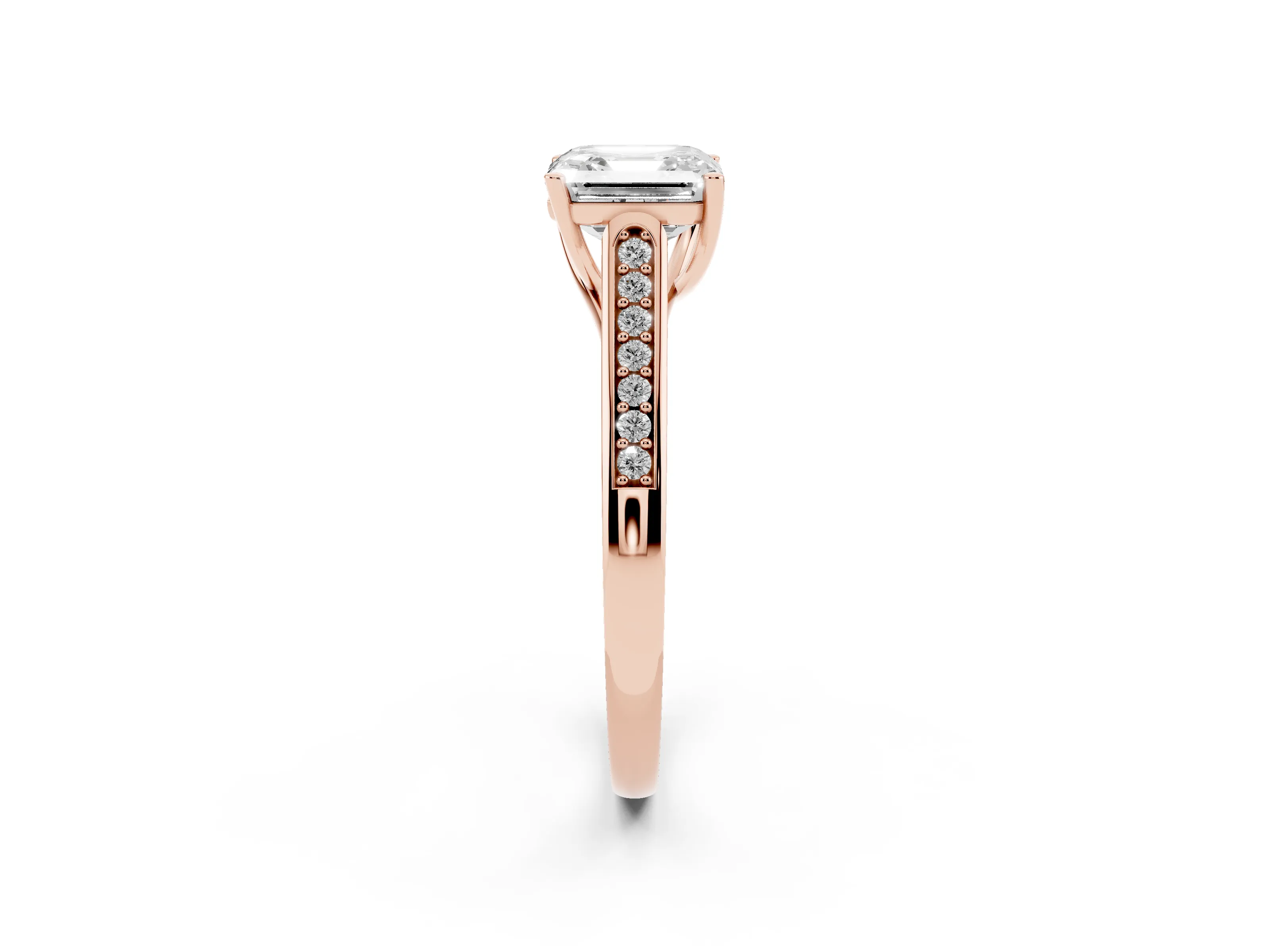 Asscher Cut Diamond Solitaire Cathedral Engagement Ring Set in Rose gold with Channel-Set Band and Prong Setting