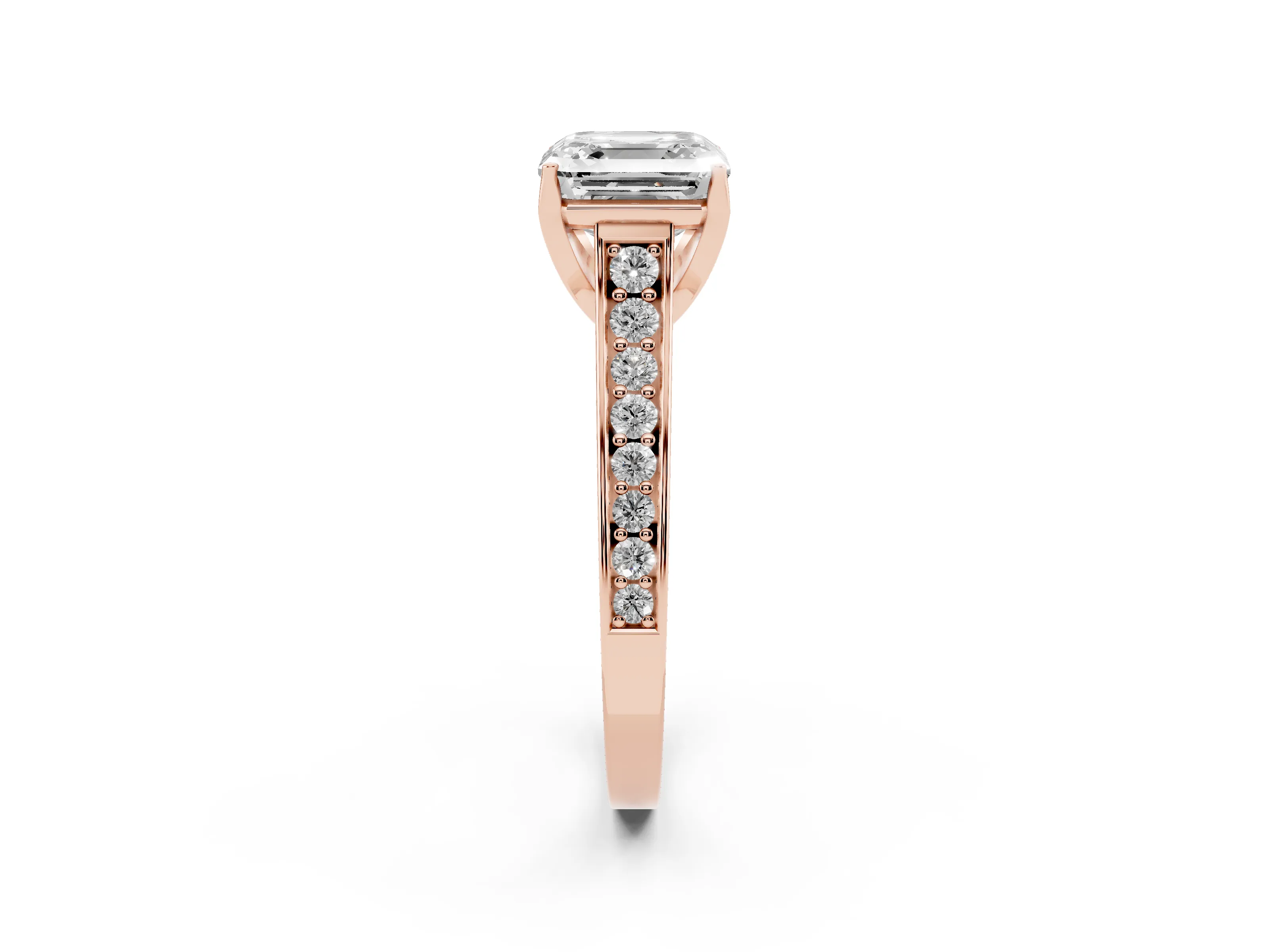Asscher Cut Diamond Solitaire Pavé Engagement Ring Set in Rose gold with Prong Setting