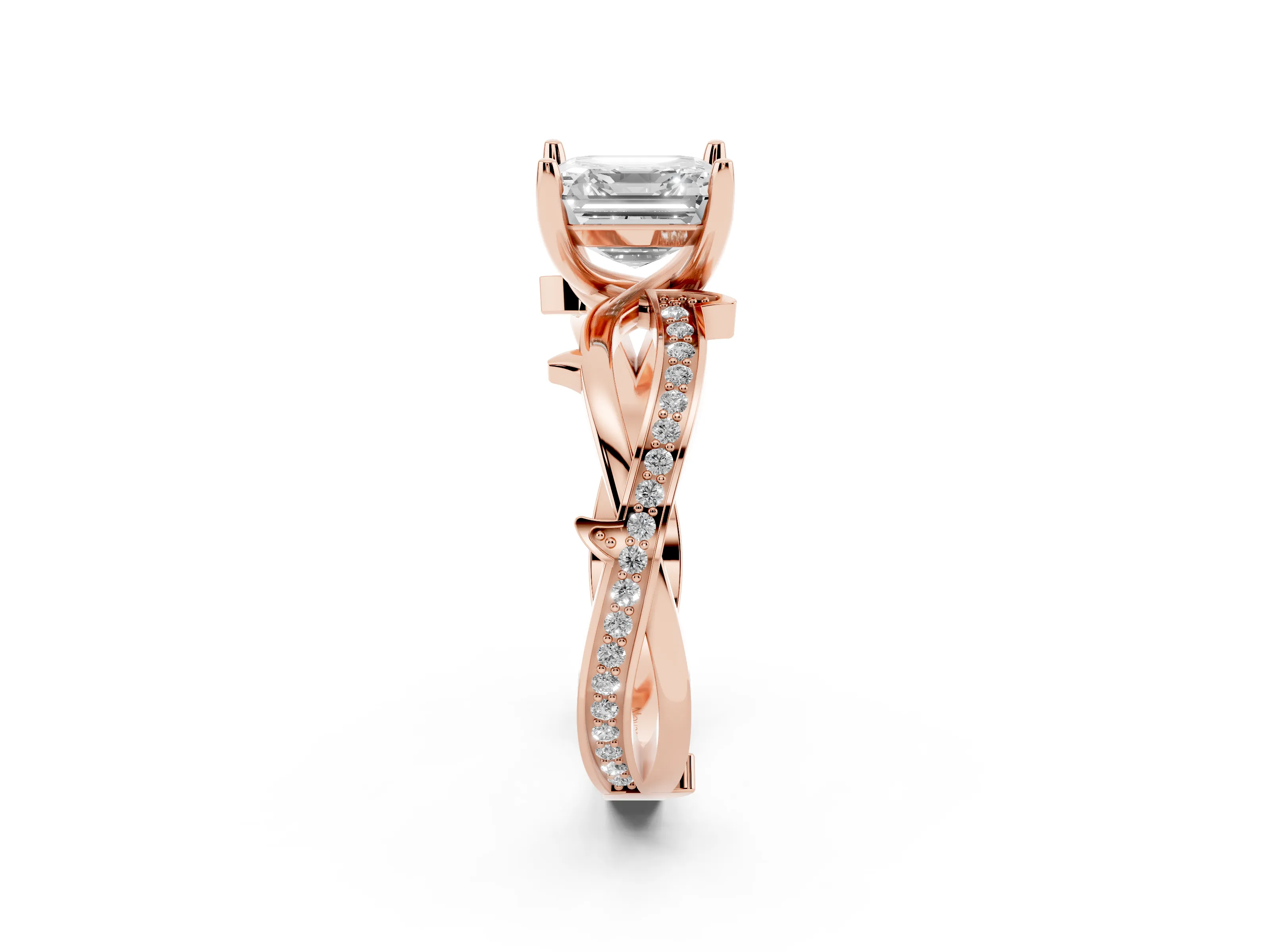 Asscher Cut Diamond Pavé Twist Band Solitaire Ring Set in Rose gold with Prong Setting