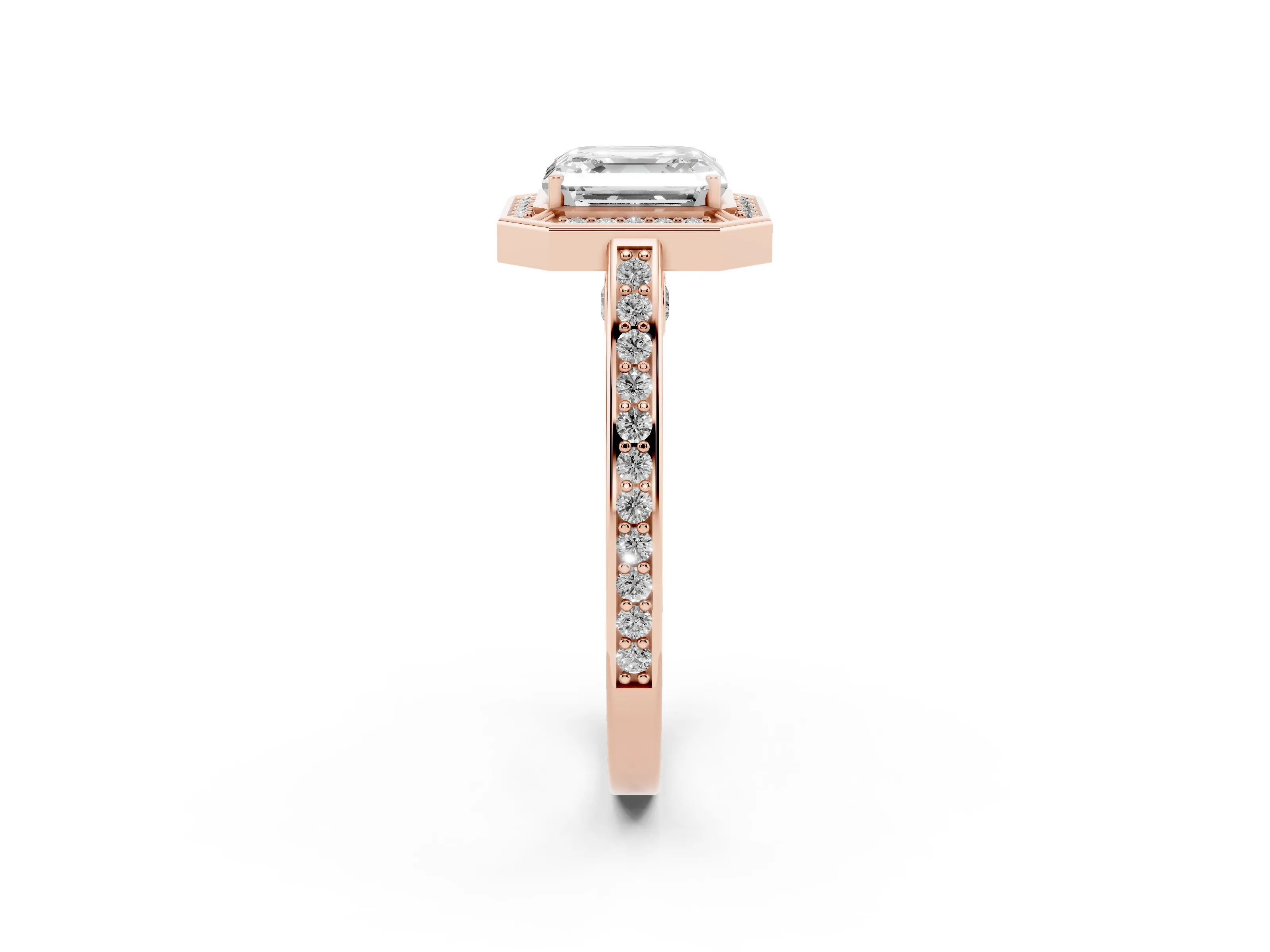 Asscher Cut Diamond Halo Pavé Split Shank Ring Set in Rose gold with Prong Setting
