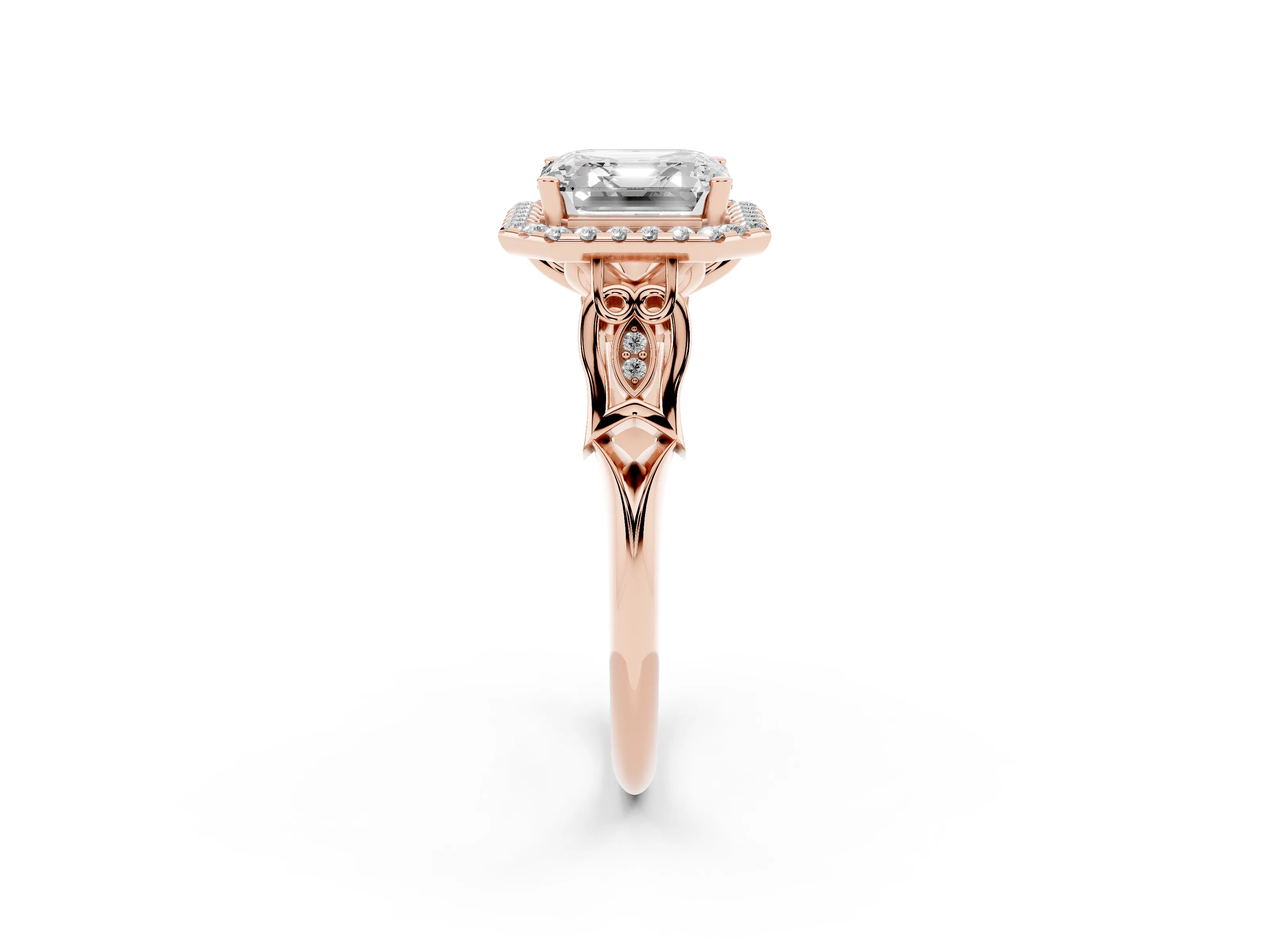 Asscher Cut Diamond Halo Engagement Ring Set in Rose gold with Filigree Band and Prong-Set Center