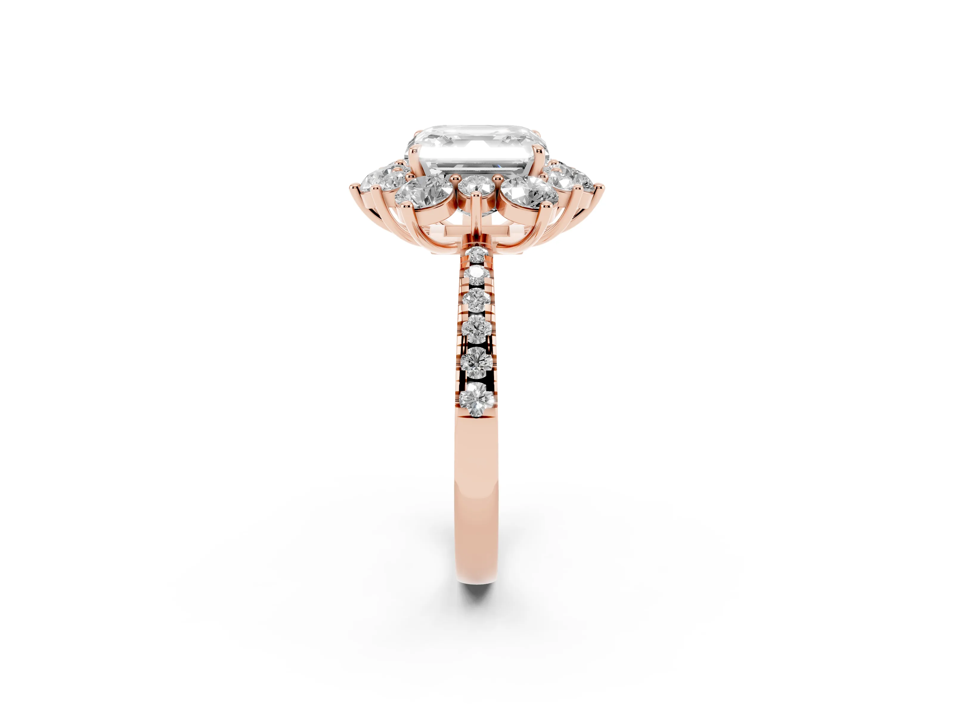 Asscher Cut Diamond Floral Halo Ring Set in Rose gold with Round Pavé Band and Prong Setting