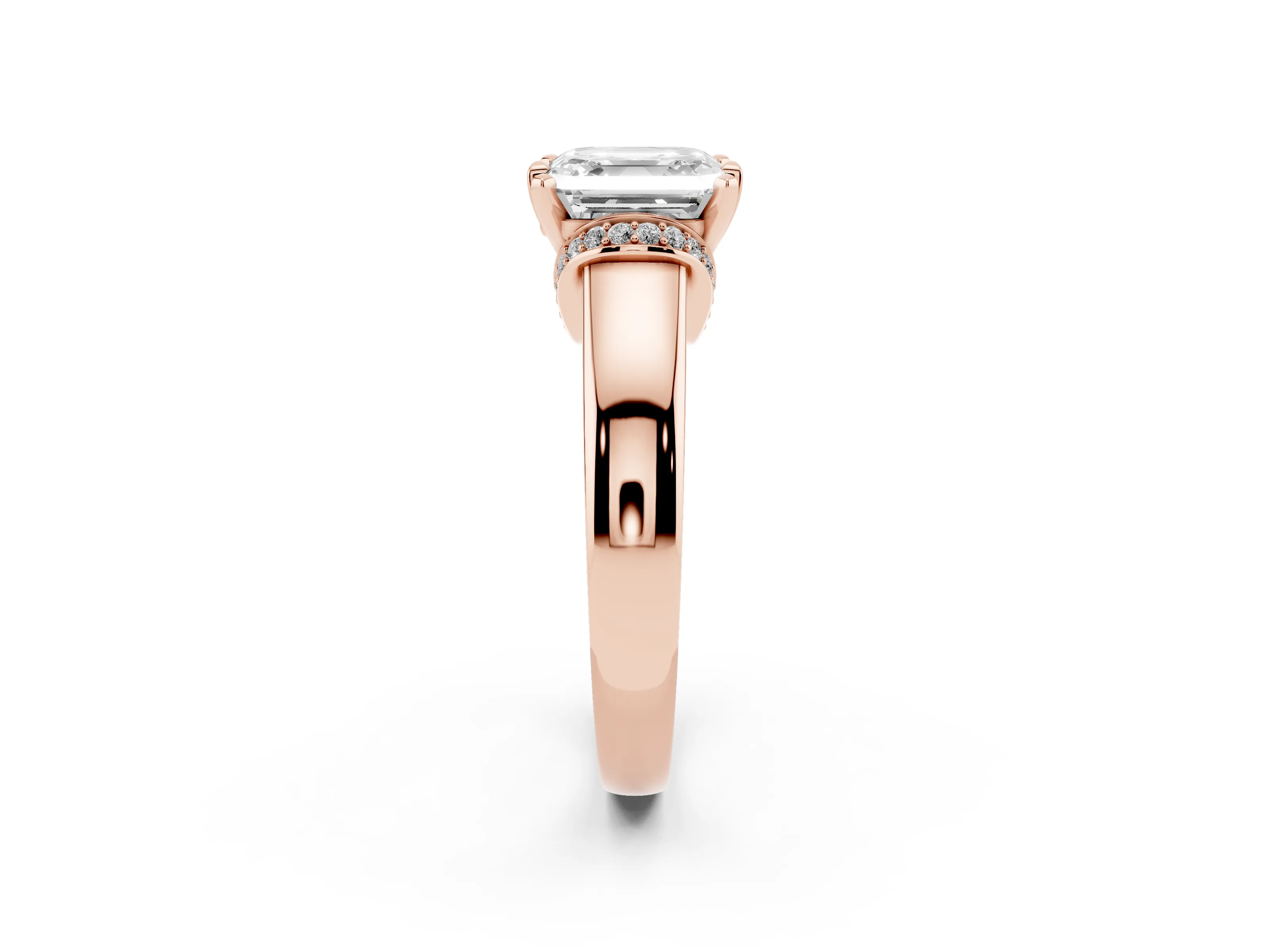 Asscher Cut Diamond Pavé Band Solitaire Ring Set in Rose gold with Prong Setting