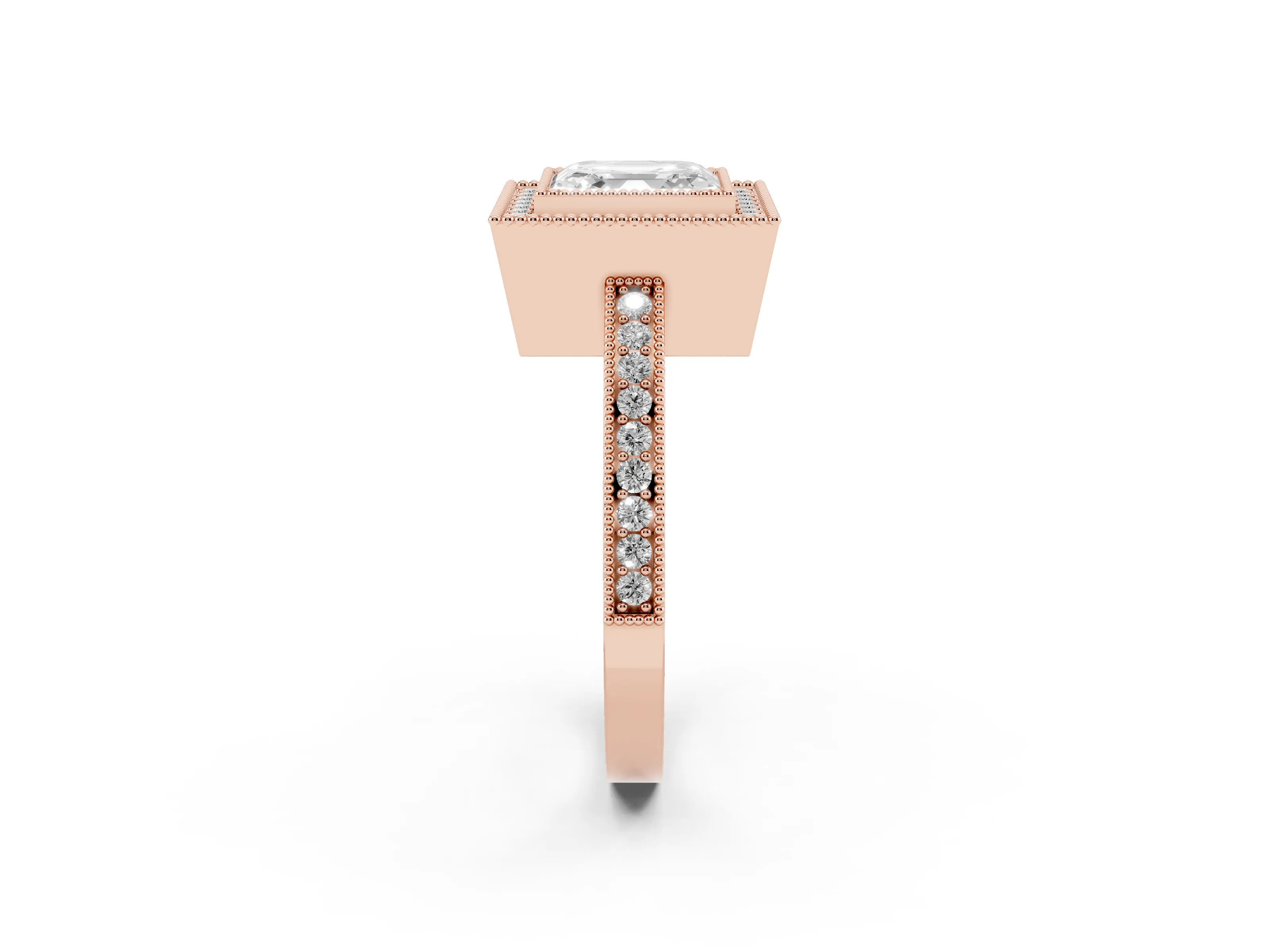 Asscher Cut Diamond Round Halo Ring Set in Rose gold with Pavé Band