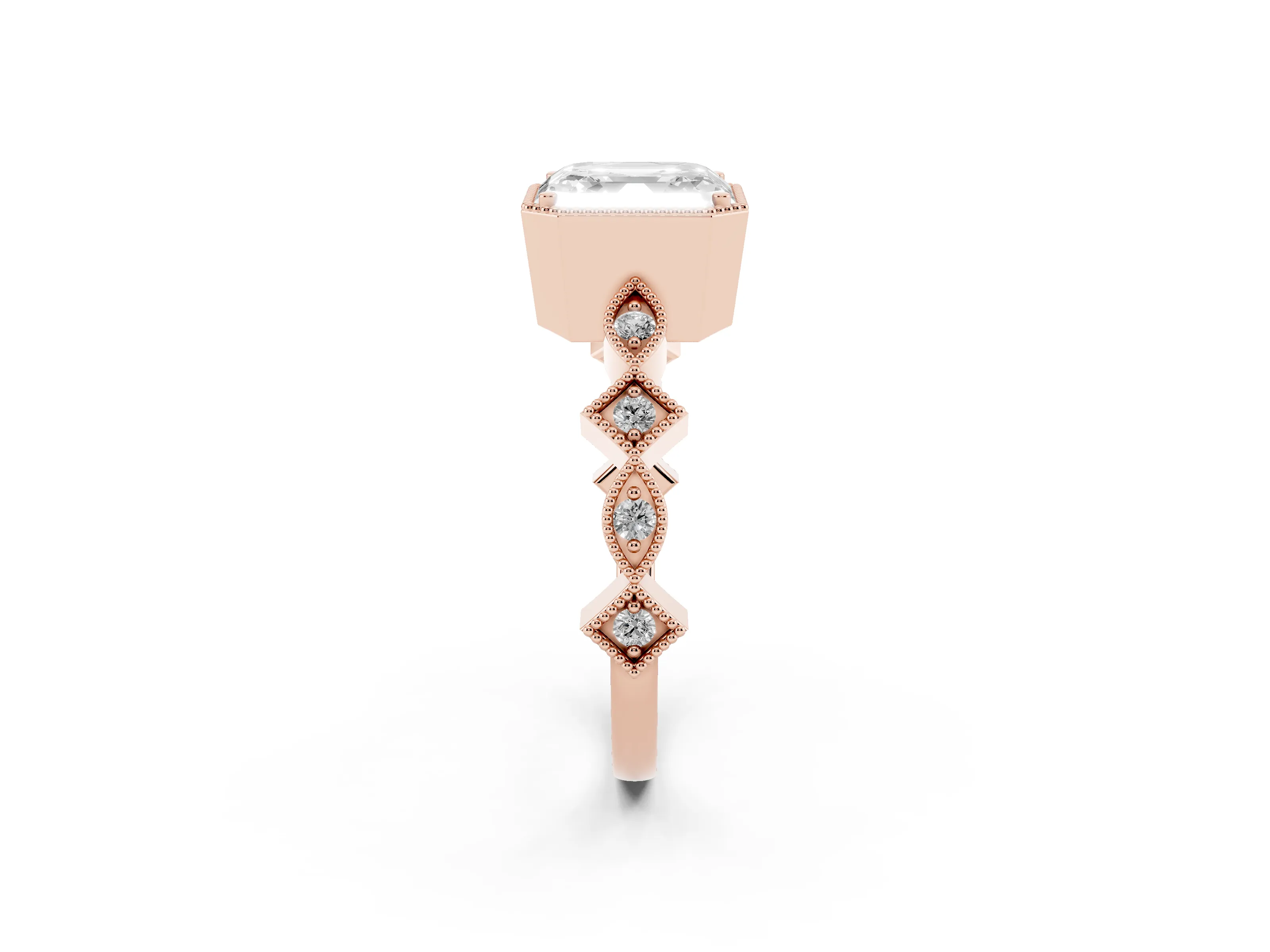 Asscher Cut Diamond Milgrain Marquise Twist Band Ring Set in Rose gold with Prong Setting