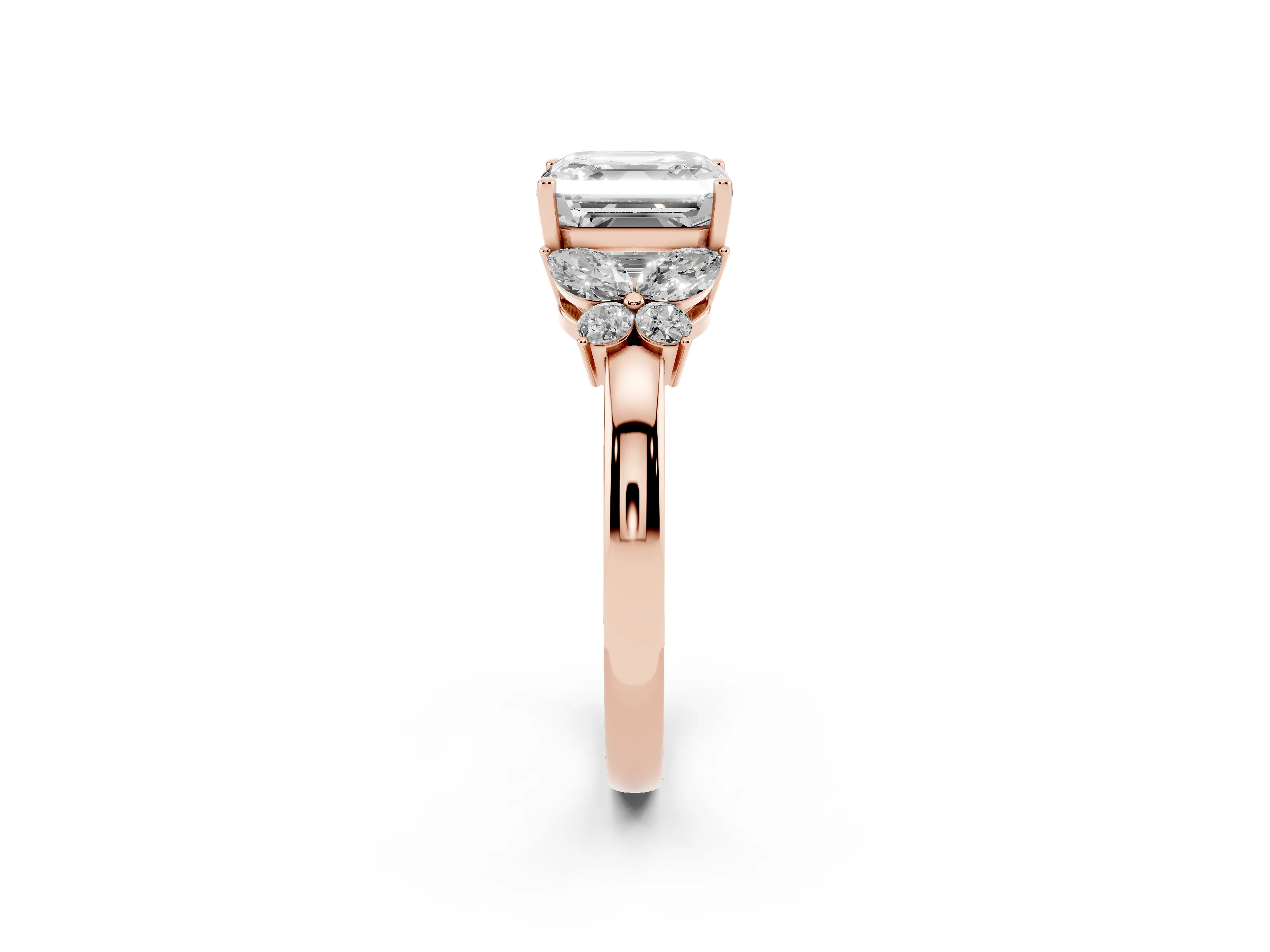 Asscher Cut Diamond Solitaire Floral Ring Set in Rose gold with Marquise Petals and Prong Setting