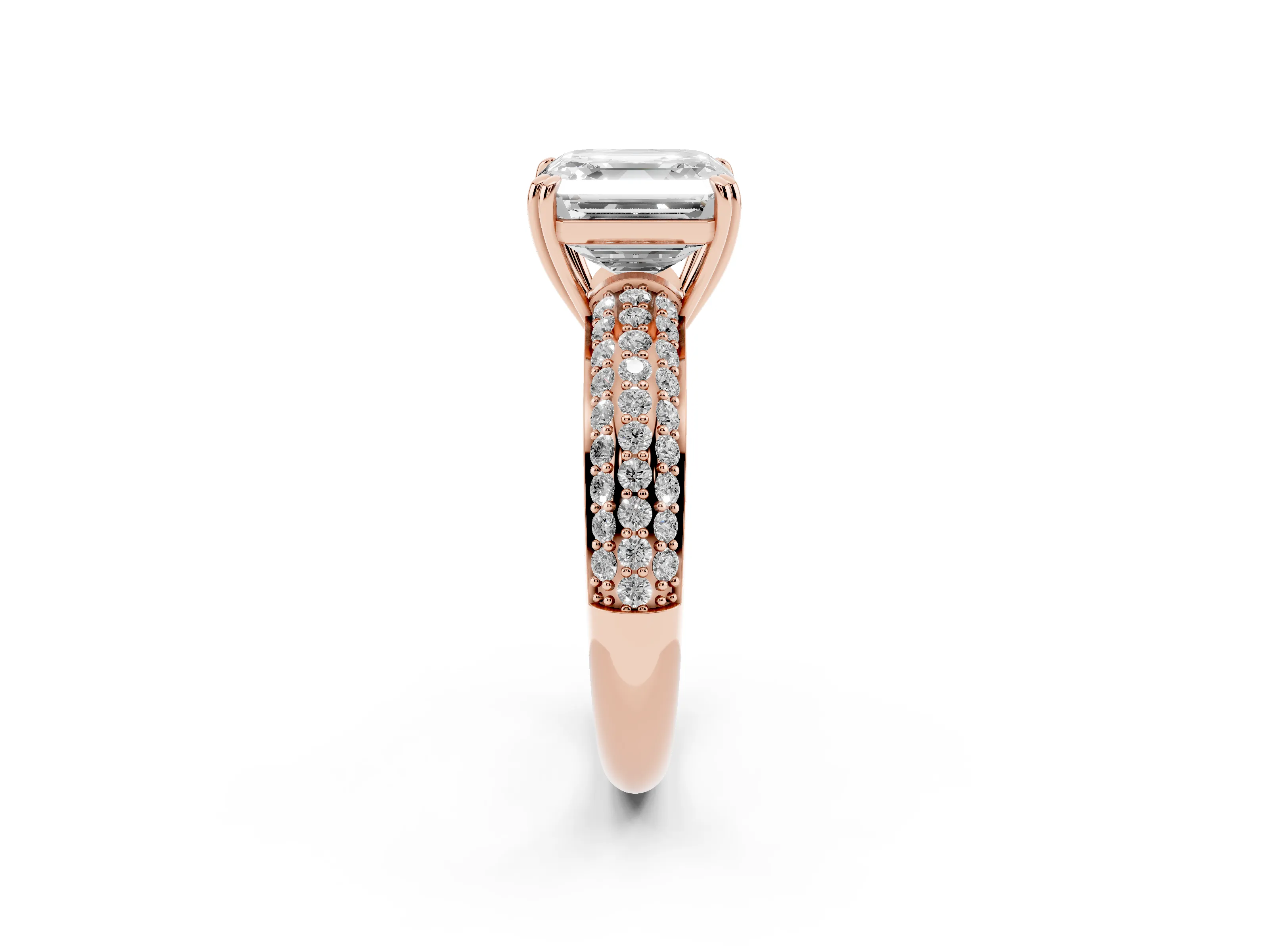 Asscher Cut Diamond Solitaire Ring Set in Rose gold with Multi-Row Round Pavé Band and Prong Setting