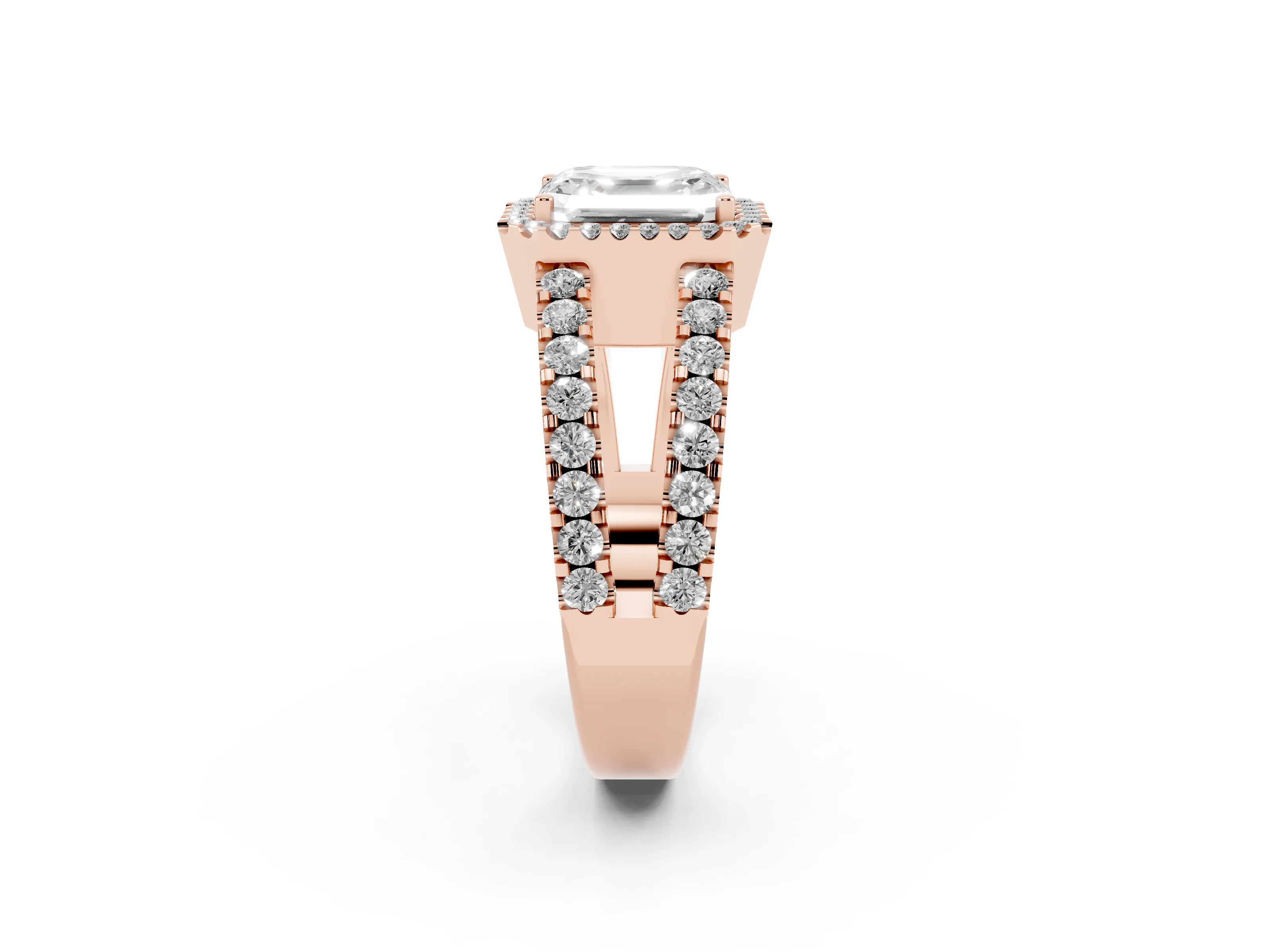 Asscher Cut Diamond Halo Ring Set in Rose gold with Pavé Split Shank and Prong Setting